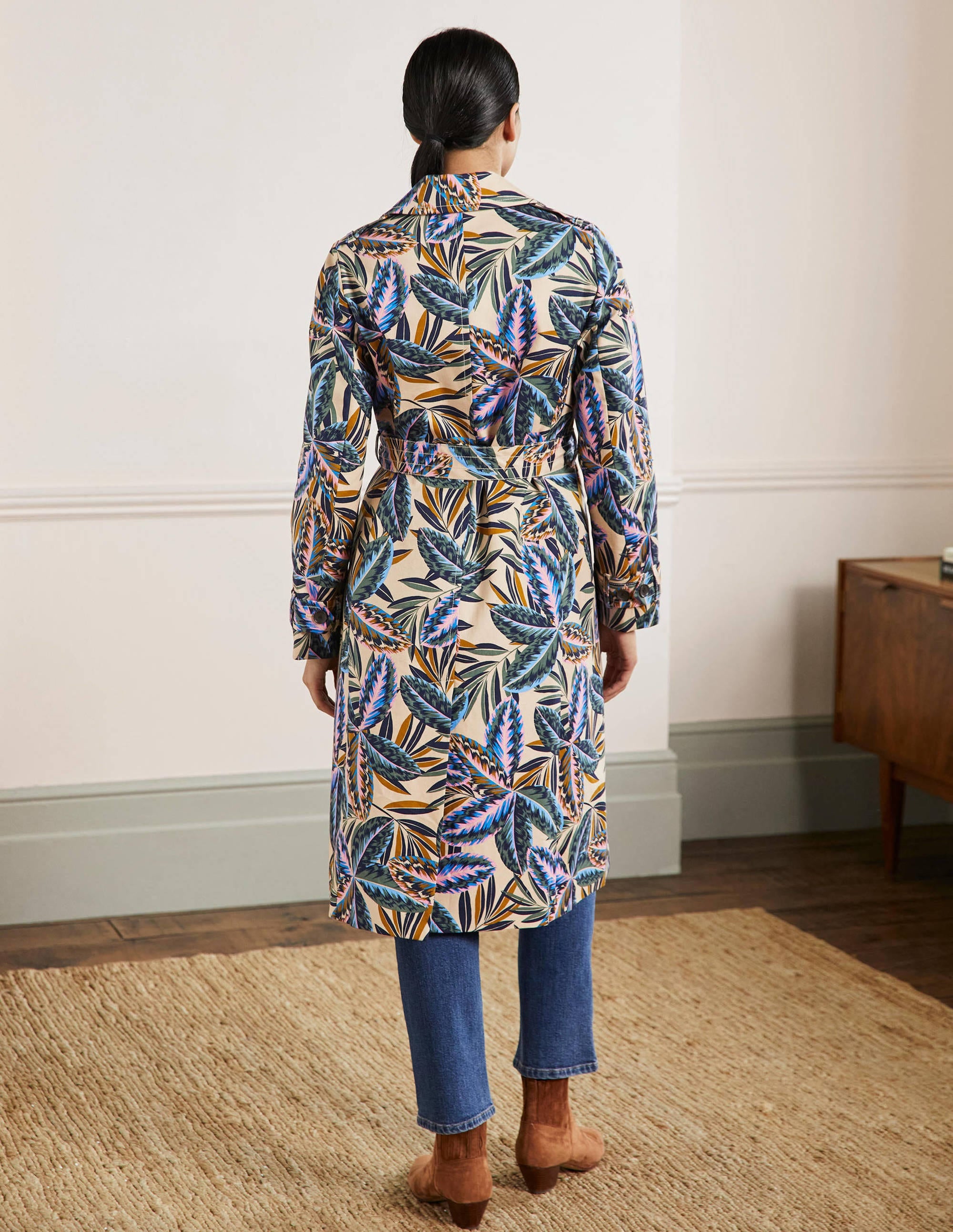 Printed Cotton Trench Coat-Rope, Exotic Leaves - Image 3