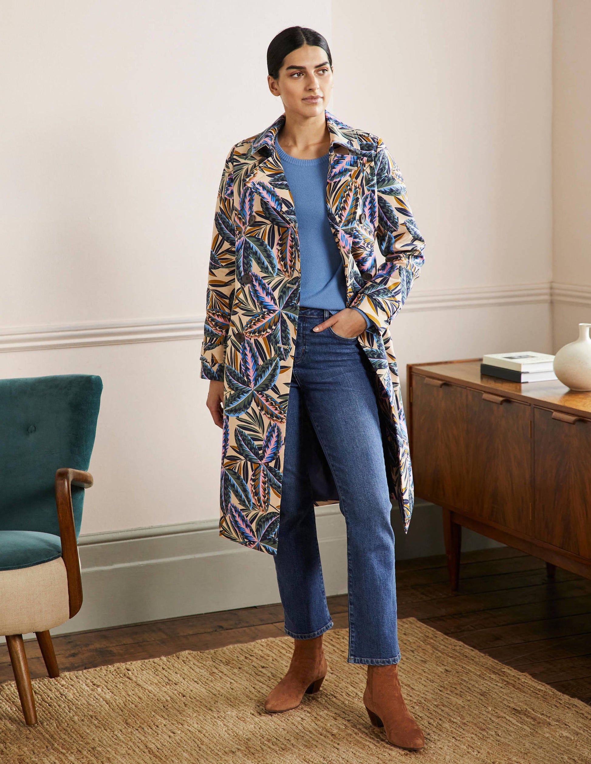 Printed Cotton Trench Coat-Rope, Exotic Leaves-4