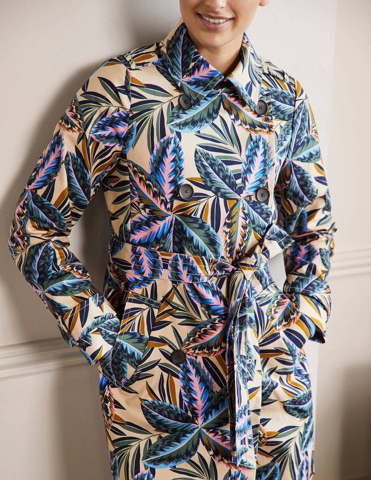 Printed Cotton Trench Coat-Rope, Exotic Leaves-5