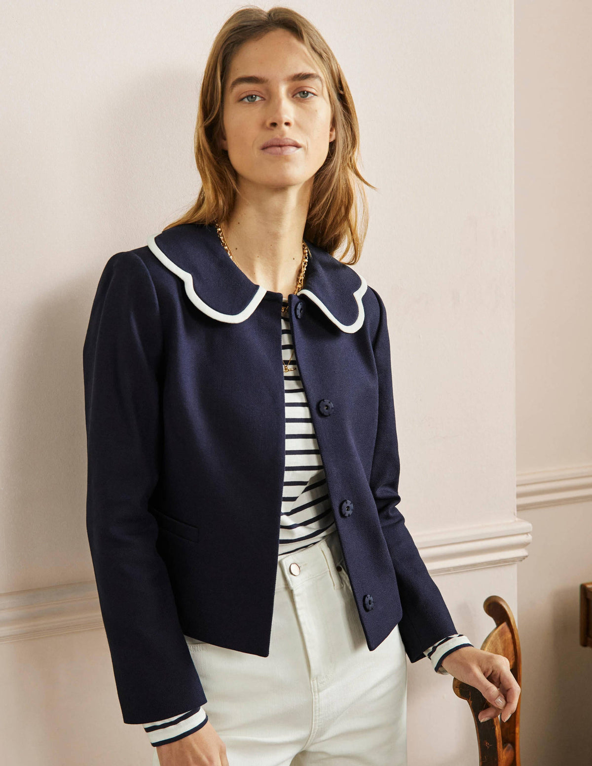 Scallop Collared Jacket-Navy - Image 1