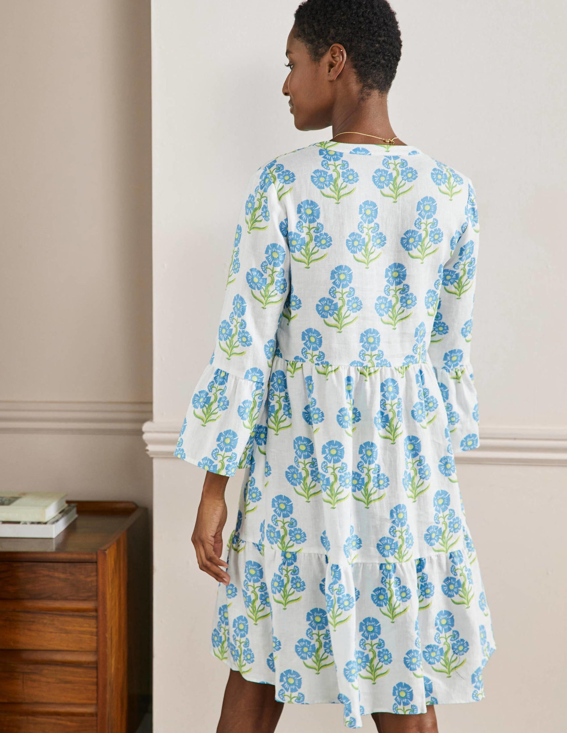Relaxed Linen Tiered Dress-Molly Mahon Flower Woodblock-3