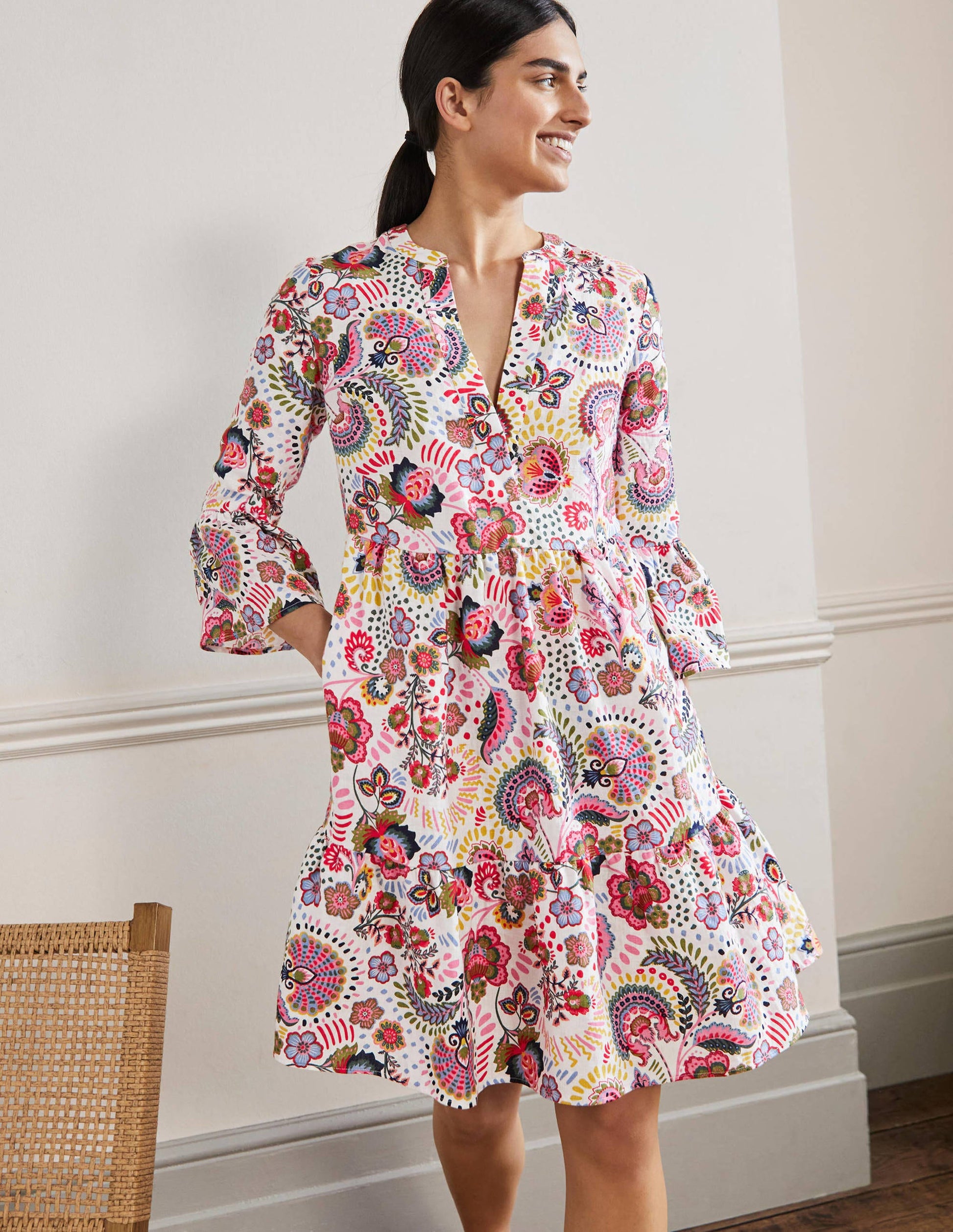 Relaxed Linen Tiered Dress-Multi, Decorative Meadow-1