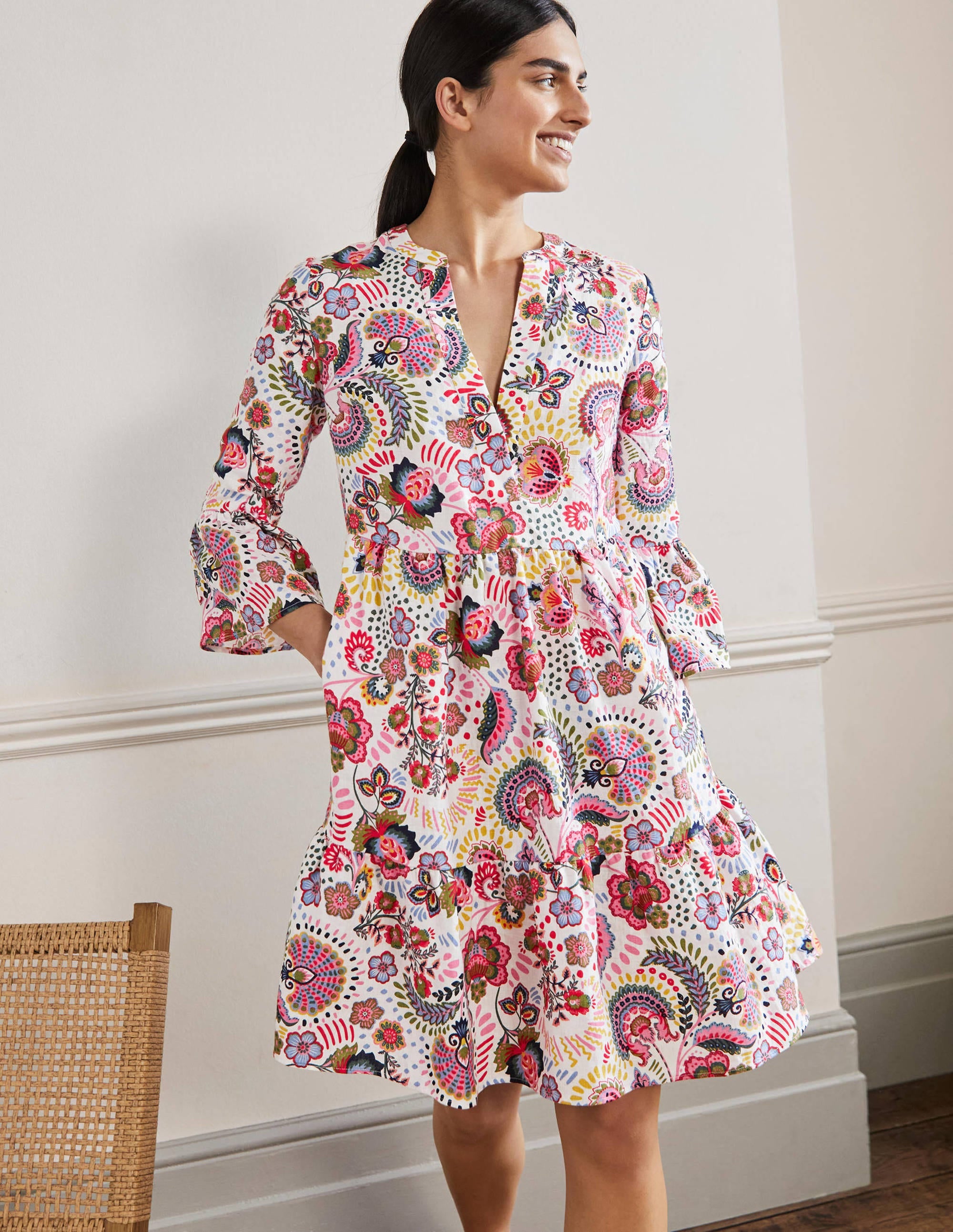 Relaxed Linen Tiered Dress-Multi, Decorative Meadow - Image 1