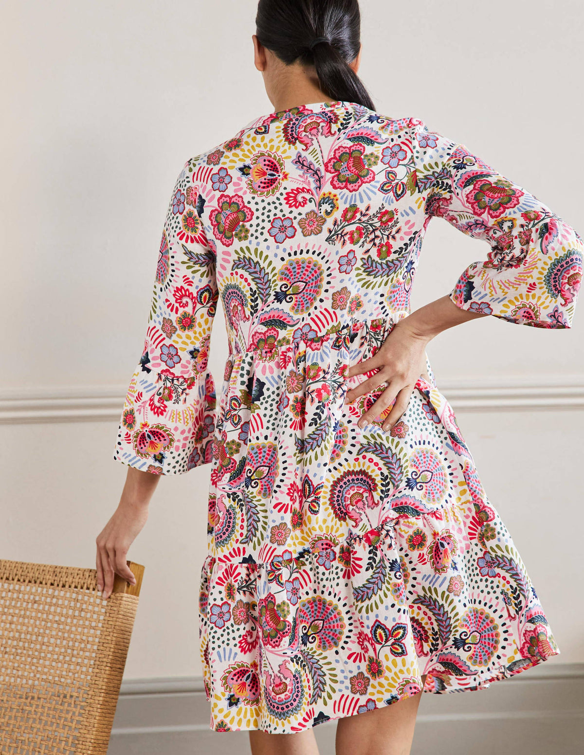Relaxed Linen Tiered Dress-Multi, Decorative Meadow-3