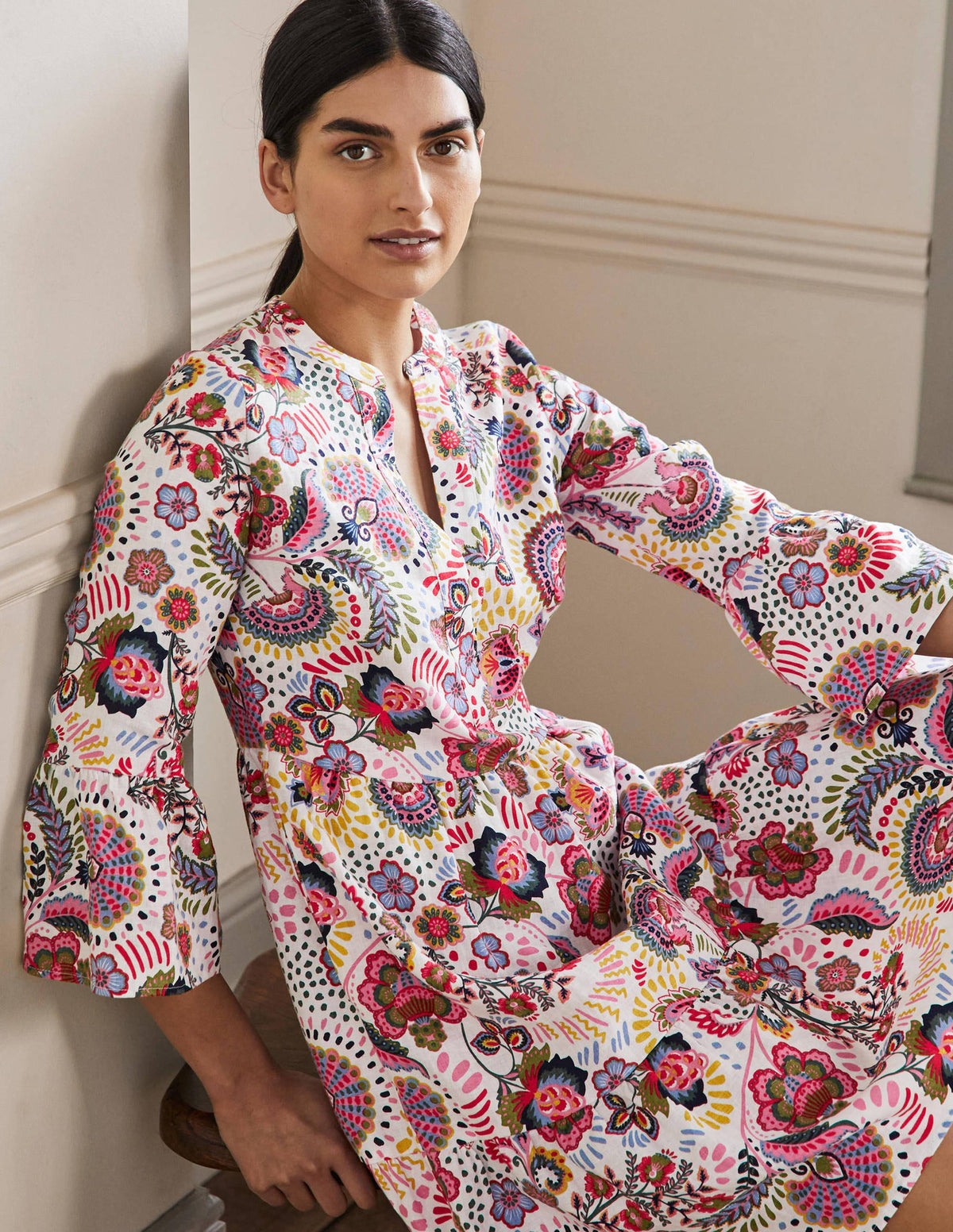 Relaxed Linen Tiered Dress-Multi, Decorative Meadow-4