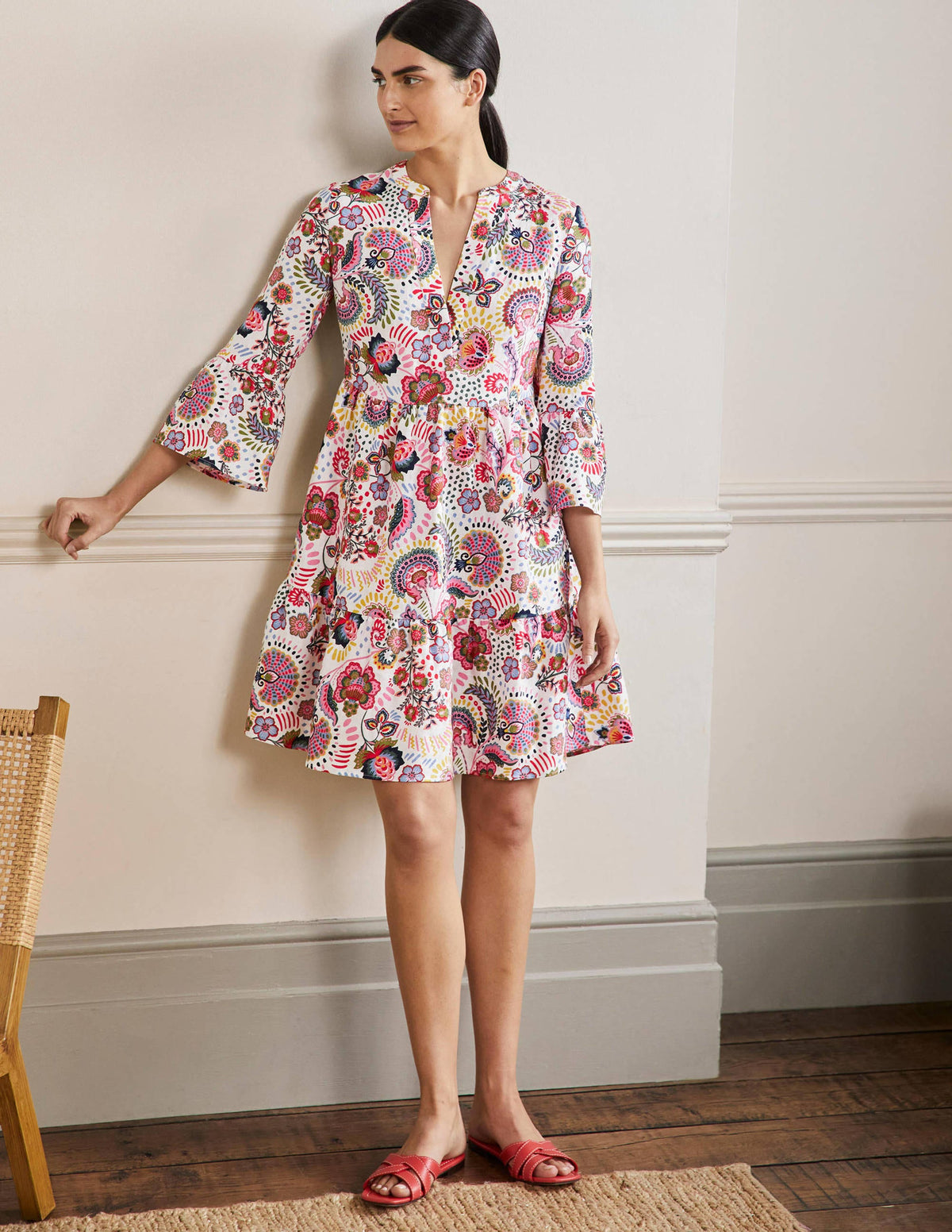 Relaxed Linen Tiered Dress-Multi, Decorative Meadow-5