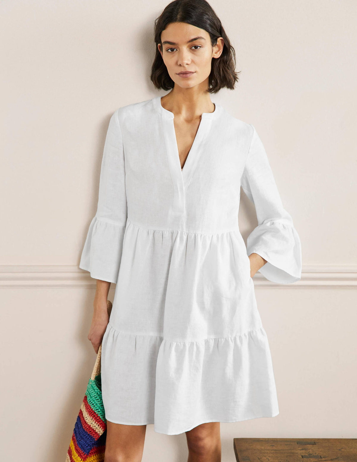 Relaxed Linen Tiered Dress-White-1