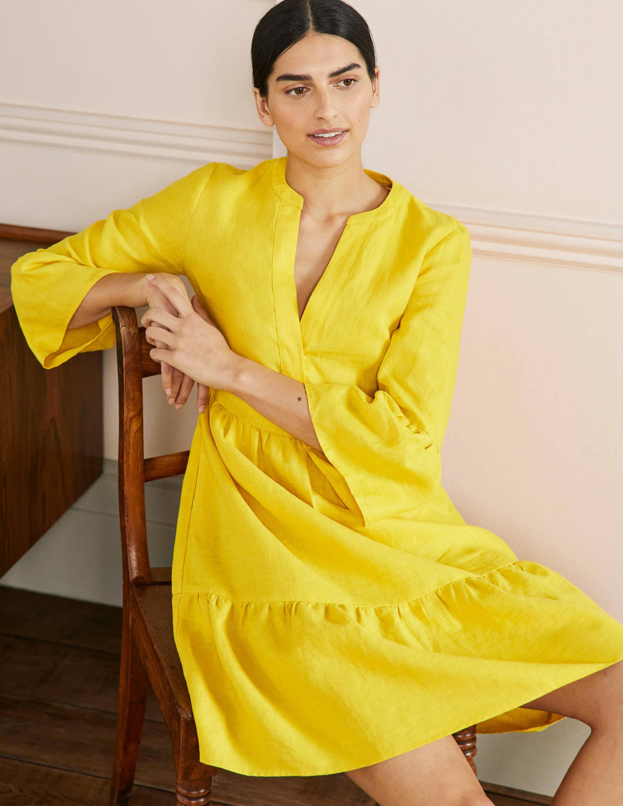 Relaxed Linen Tiered Dress-Lemon Fizz - Image 4
