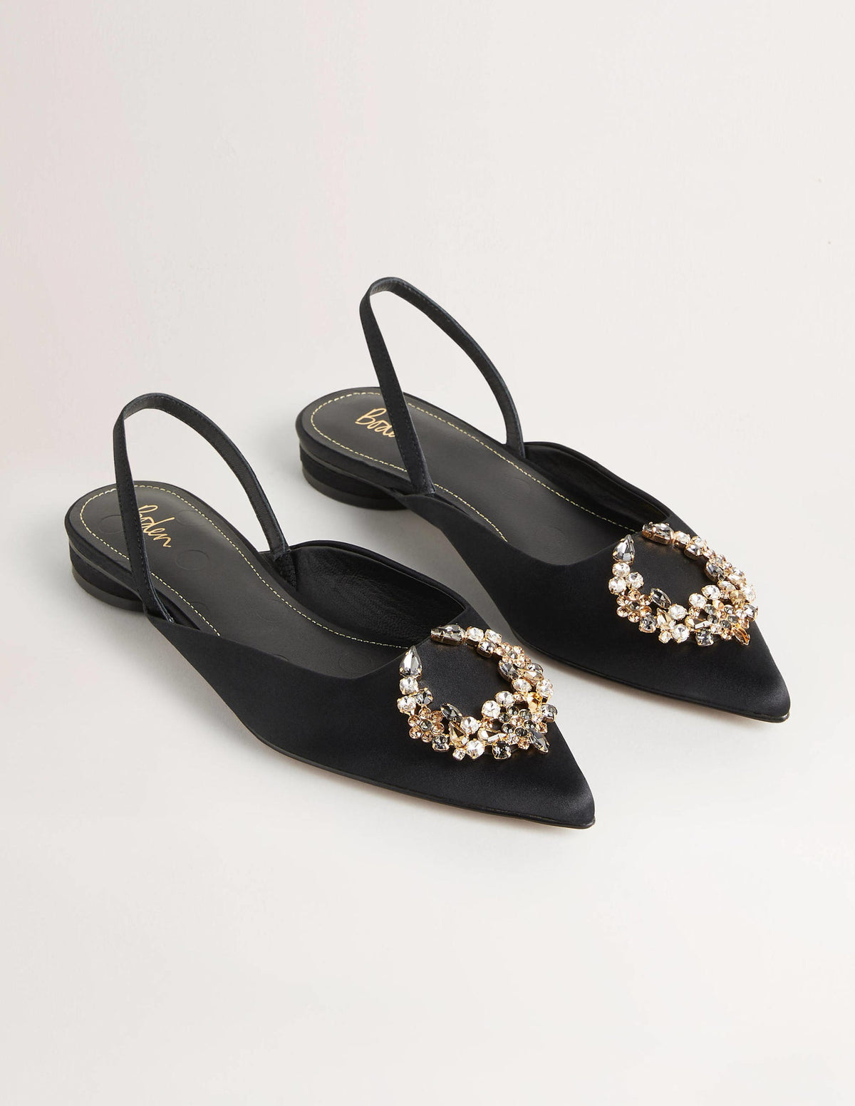 Embellished Satin Slingbacks-Black, Clear Jewels - Image 2