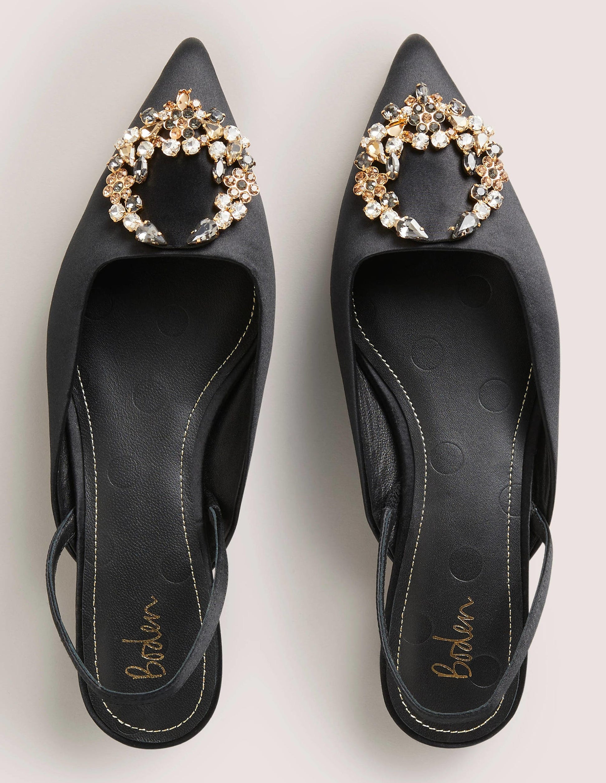 Embellished Satin Slingbacks-Black, Clear Jewels-4