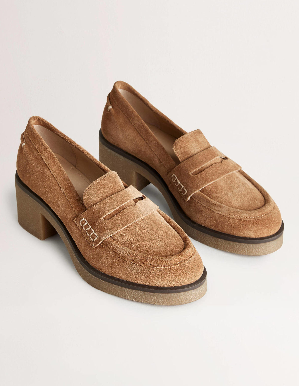 Crepe Sole Heeled Loafers-Golden Brown Suede - Image 2
