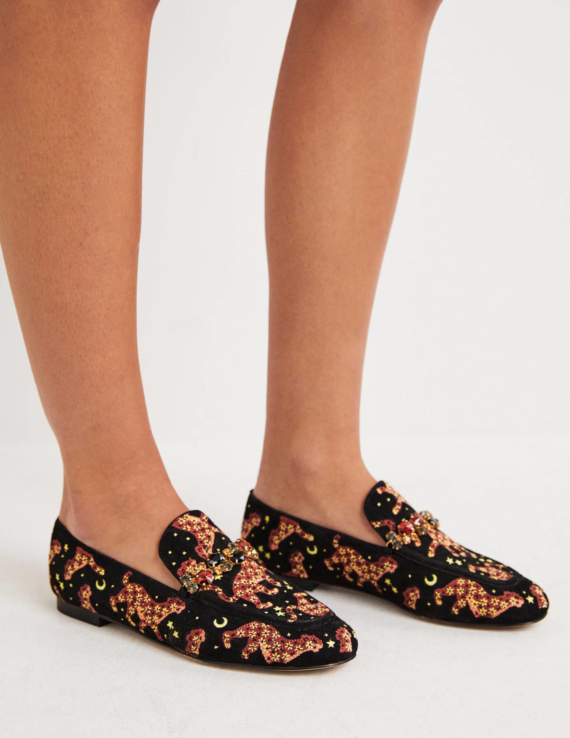 Embellished Trim Loafers-Black Embroidered Cheetah-1