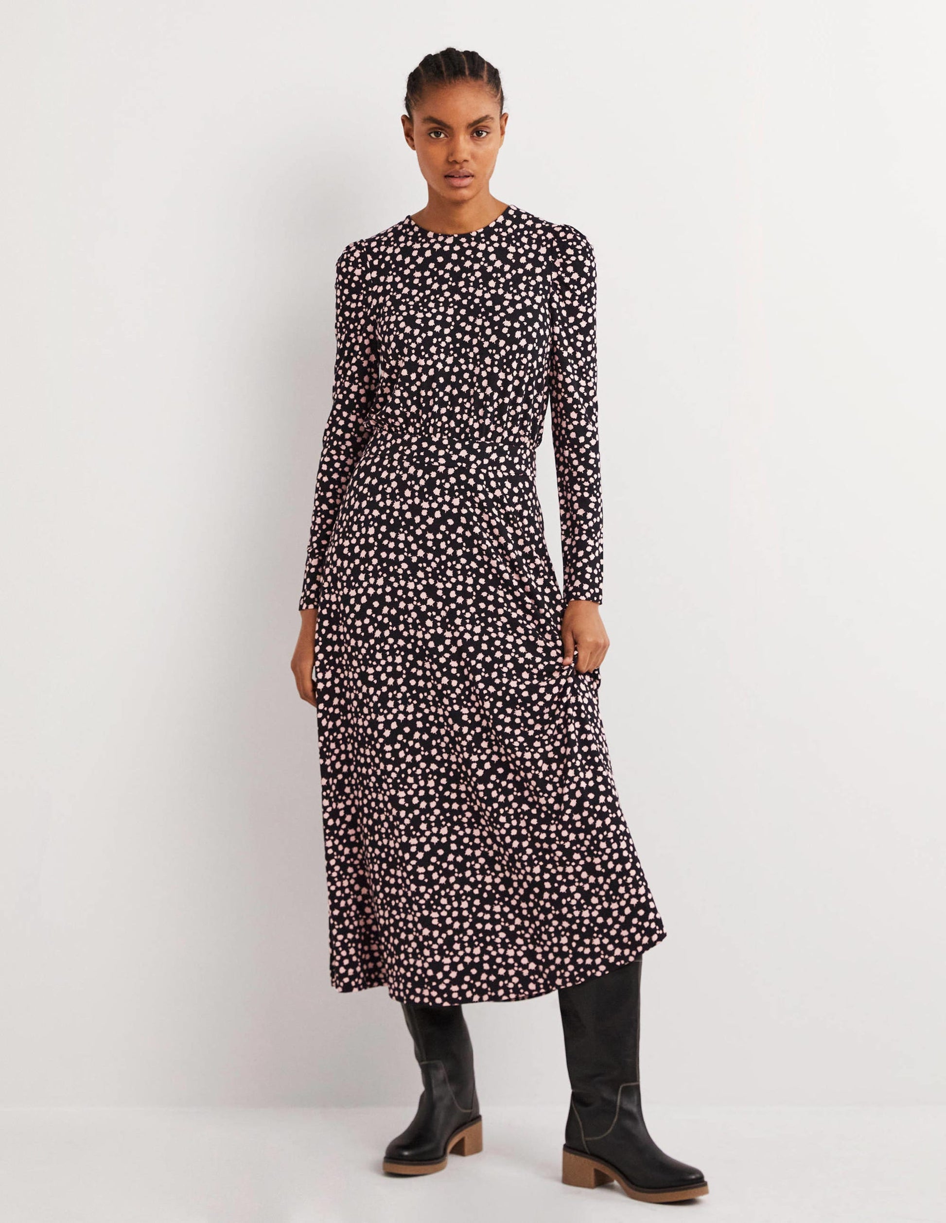 Puff Sleeve Jersey Midi Dress-Black, Falling Bud-1