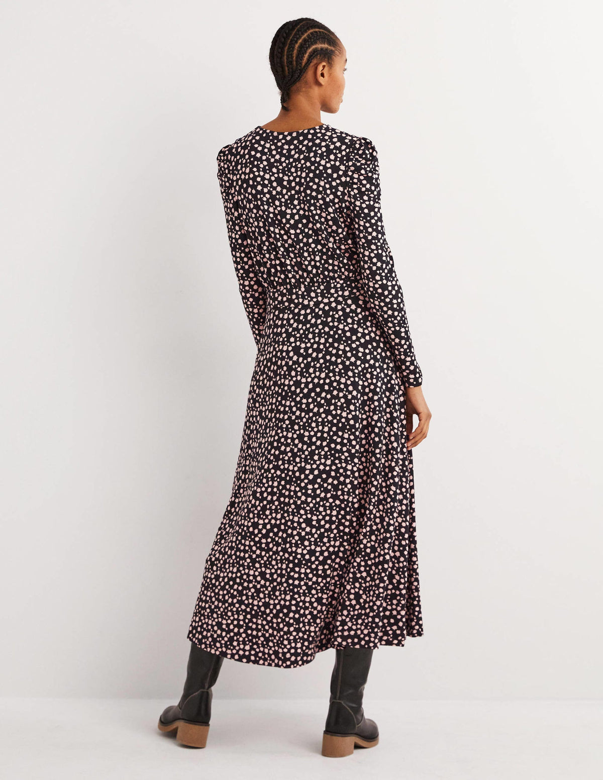 Puff Sleeve Jersey Midi Dress-Black, Falling Bud-3