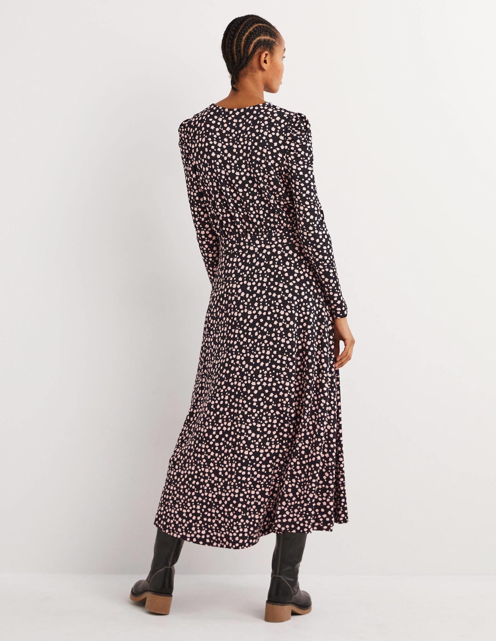 Puff Sleeve Jersey Midi Dress-Black, Falling Bud - Image 3