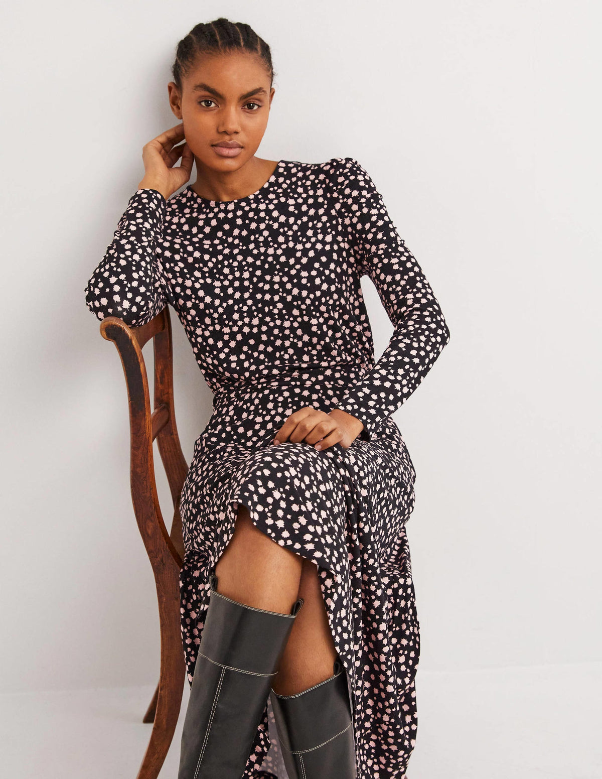 Puff Sleeve Jersey Midi Dress-Black, Falling Bud-4
