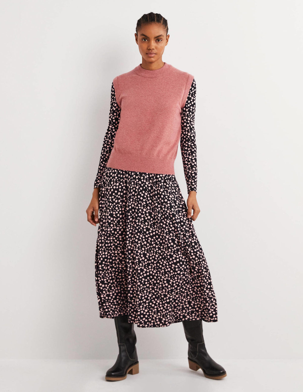 Puff Sleeve Jersey Midi Dress-Black, Falling Bud-5