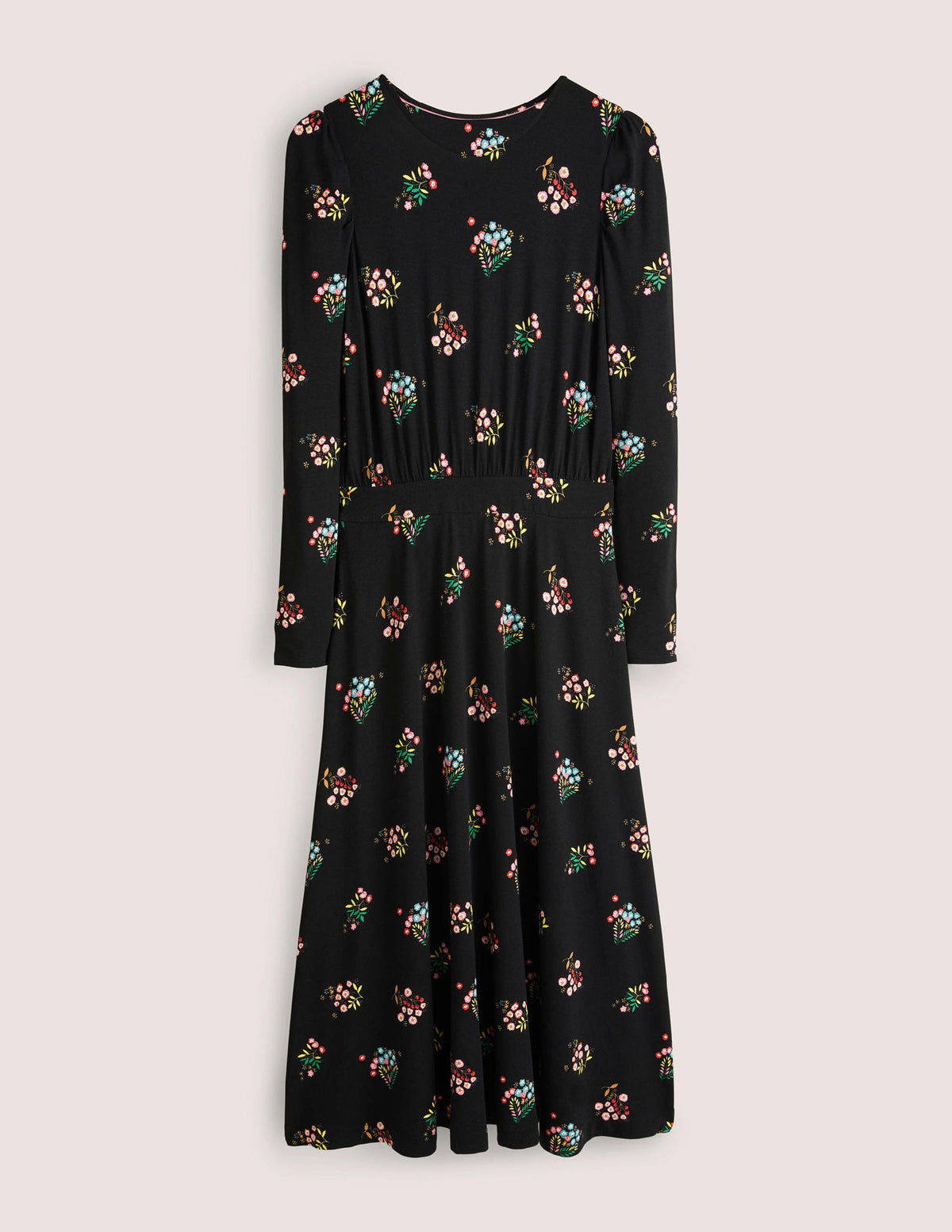 Puff Sleeve Jersey Midi Dress-Black, Delicate Sprig - Image 5
