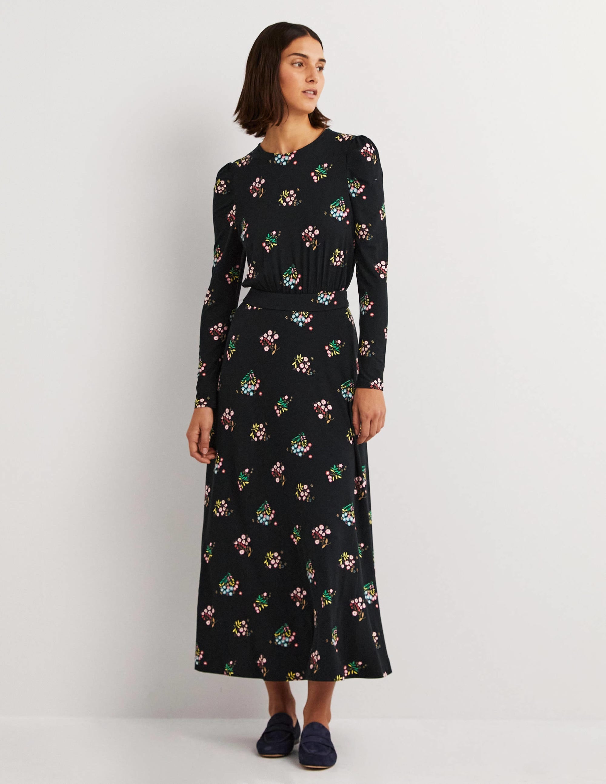 Puff Sleeve Jersey Midi Dress-Black, Delicate Sprig - Image 1