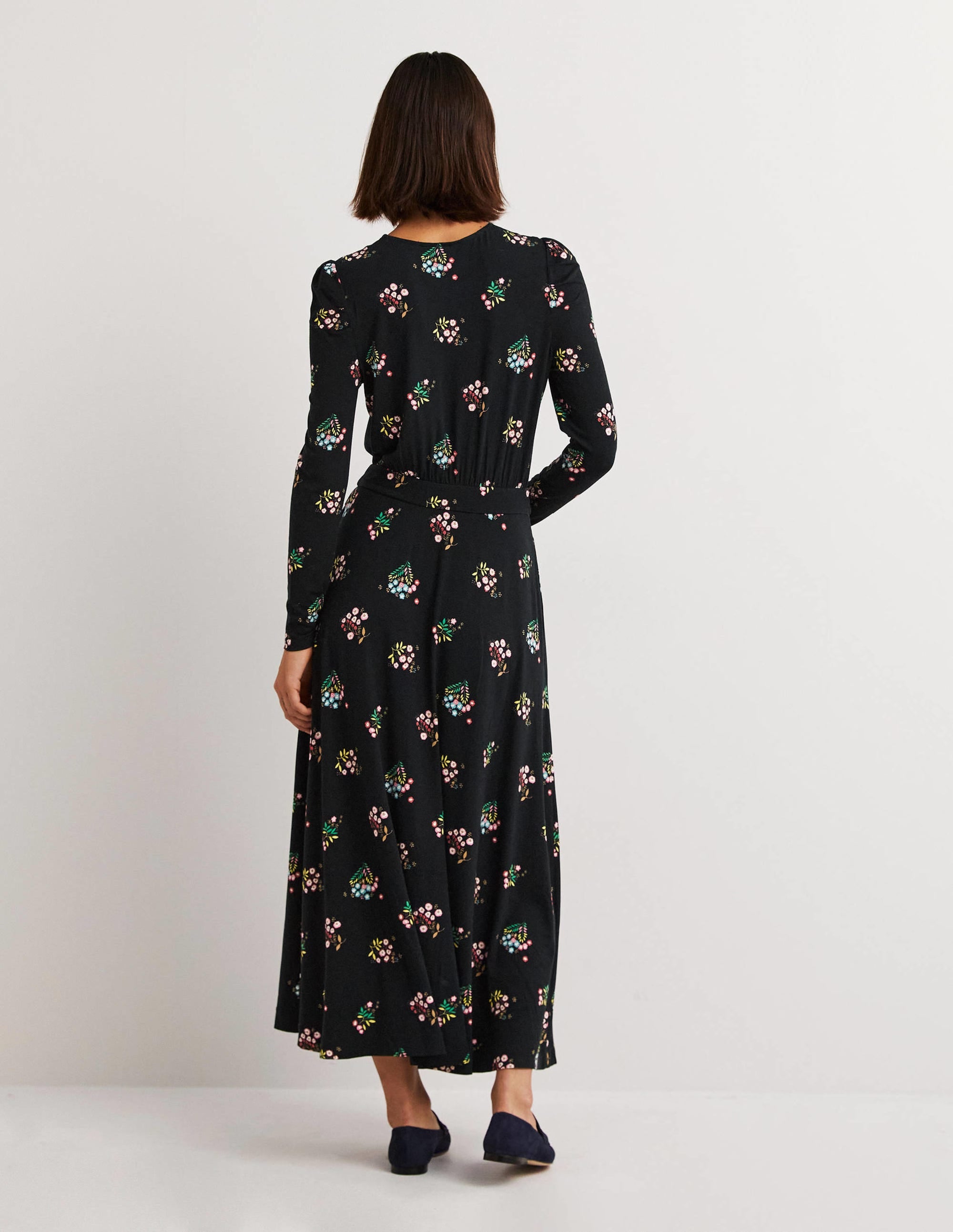 Puff Sleeve Jersey Midi Dress-Black, Delicate Sprig - Image 3