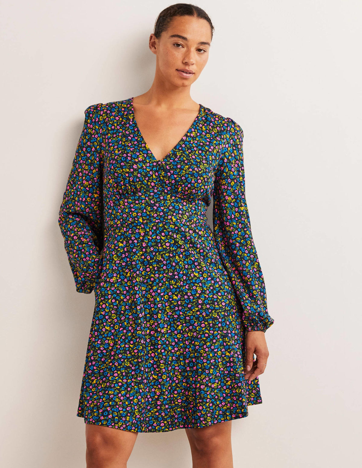 V-Neck Jersey Tea Dress-Navy, Floral Terrace - Image 1