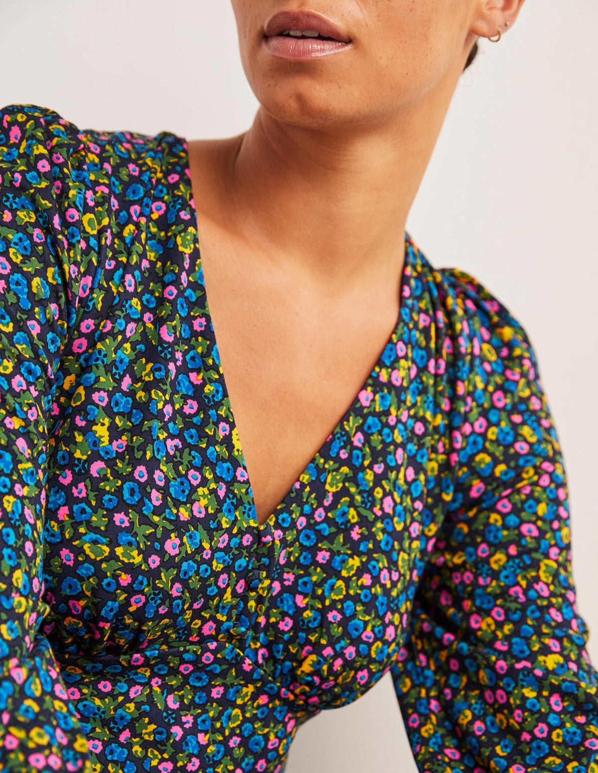 V-Neck Jersey Tea Dress-Navy, Floral Terrace-2