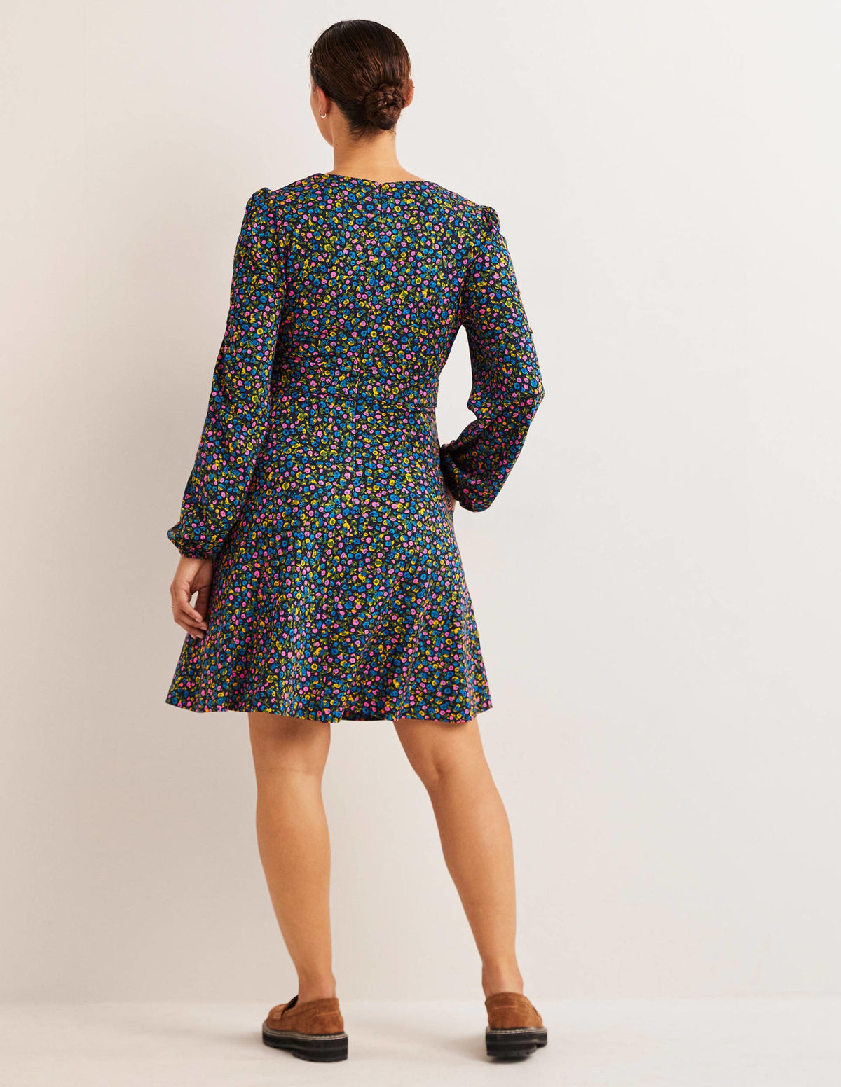 V-Neck Jersey Tea Dress-Navy, Floral Terrace-3
