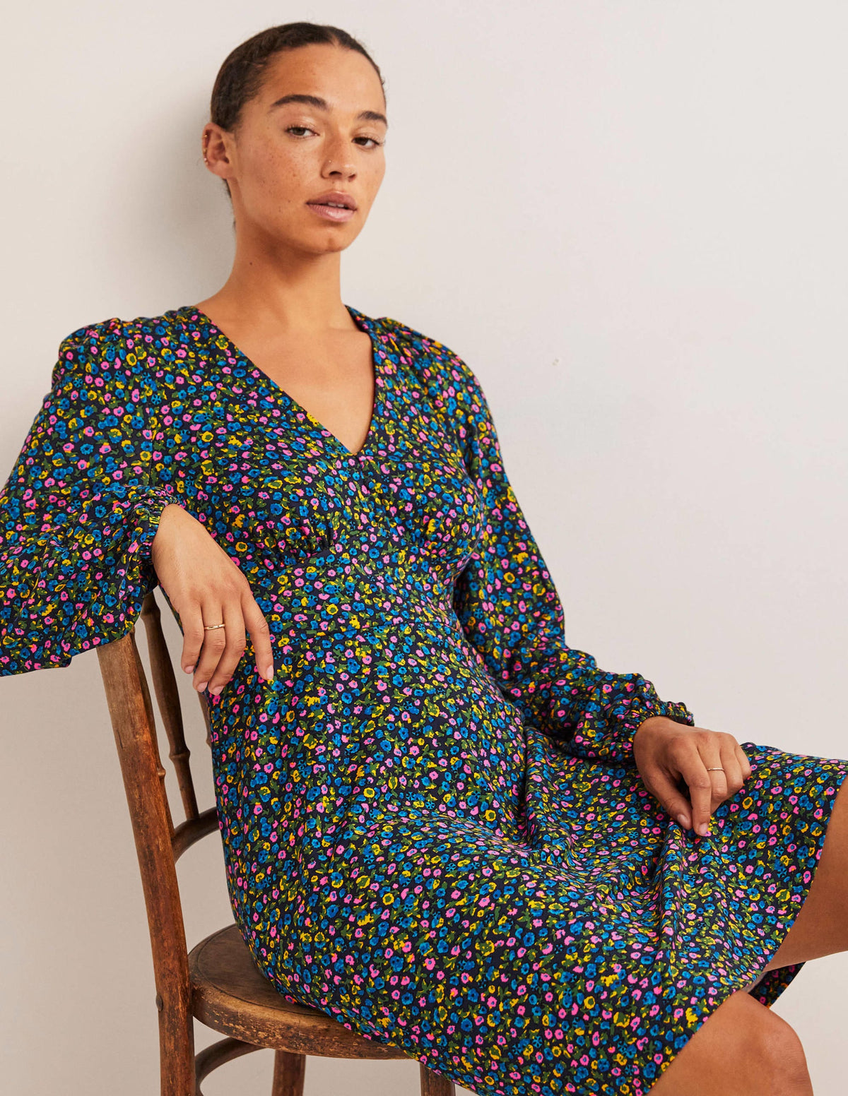V-Neck Jersey Tea Dress-Navy, Floral Terrace-4