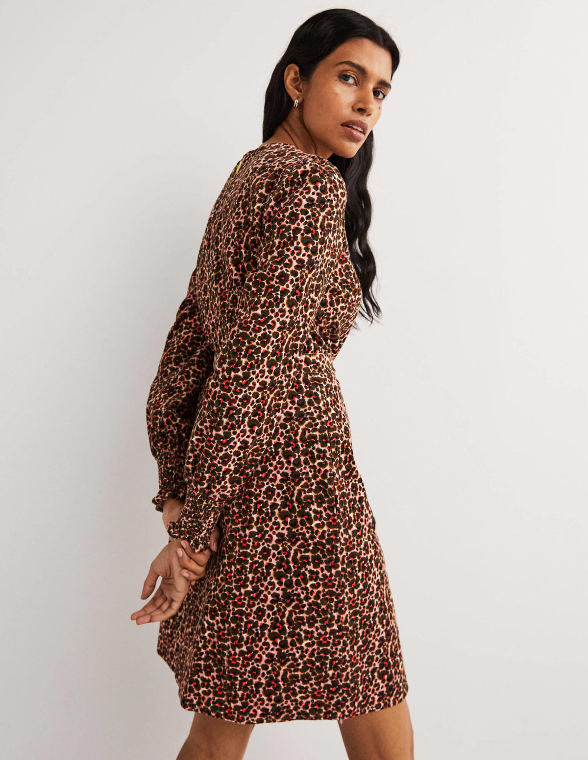 Smocked Cuff Corduroy Dress-Milkshake, Abstract Bud-3