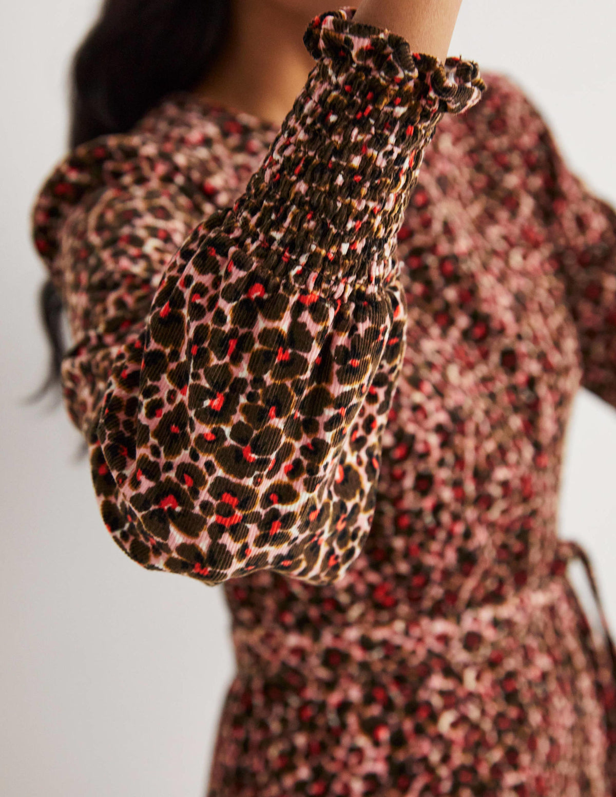 Smocked Cuff Corduroy Dress-Milkshake, Abstract Bud - Image 4