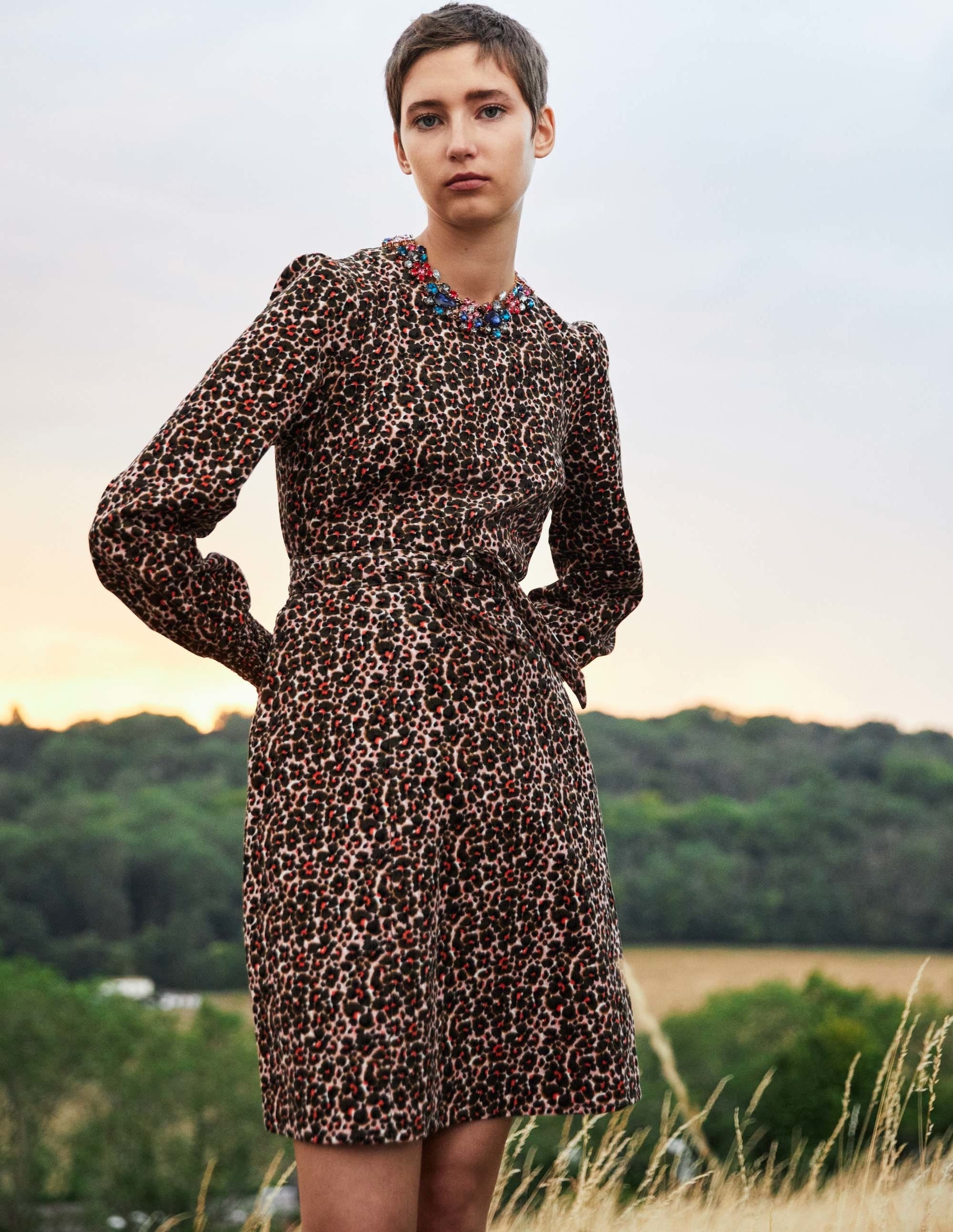 Smocked Cuff Corduroy Dress-Milkshake, Abstract Bud - Image 7