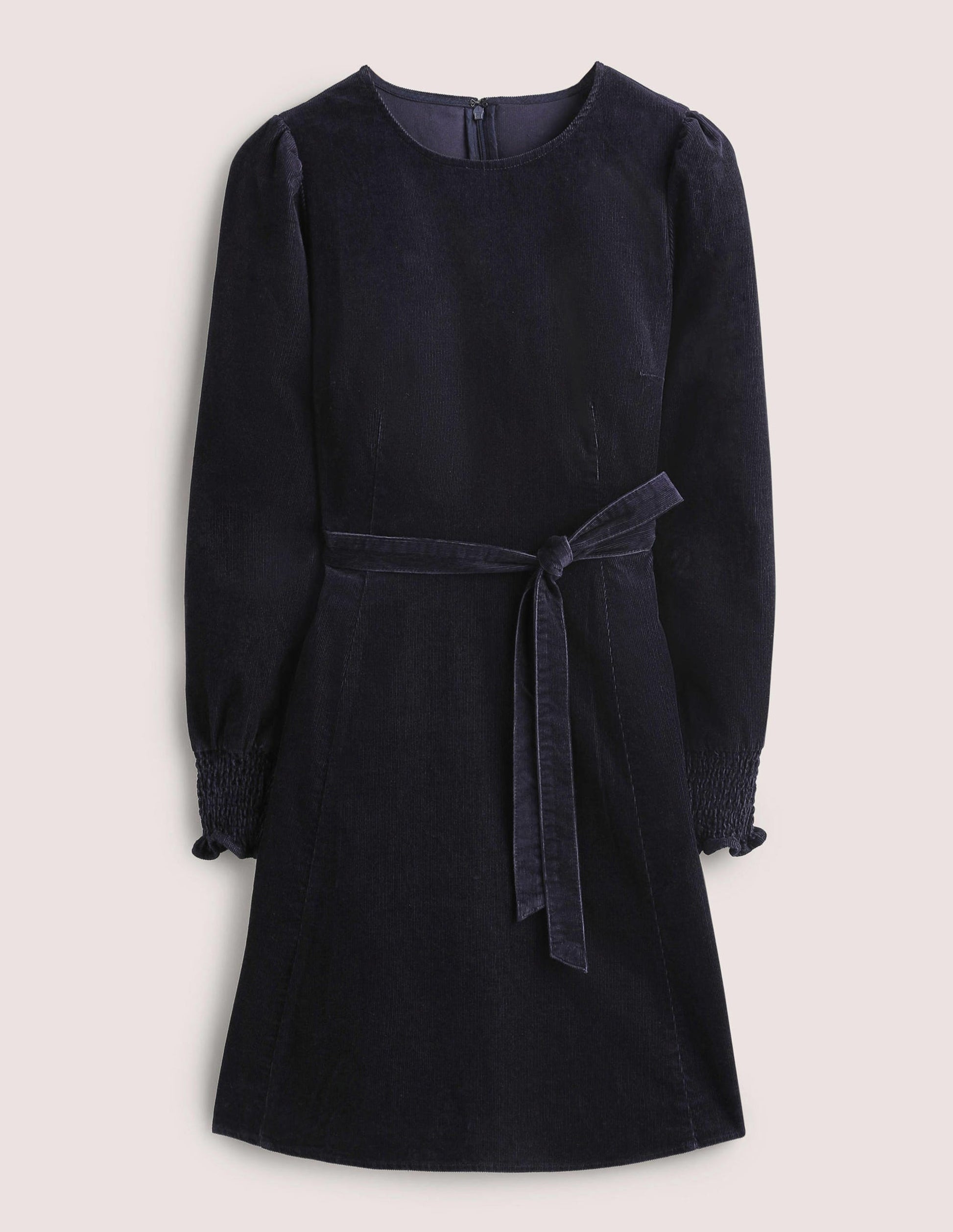 Smocked Cuff Corduroy Dress-Navy-6