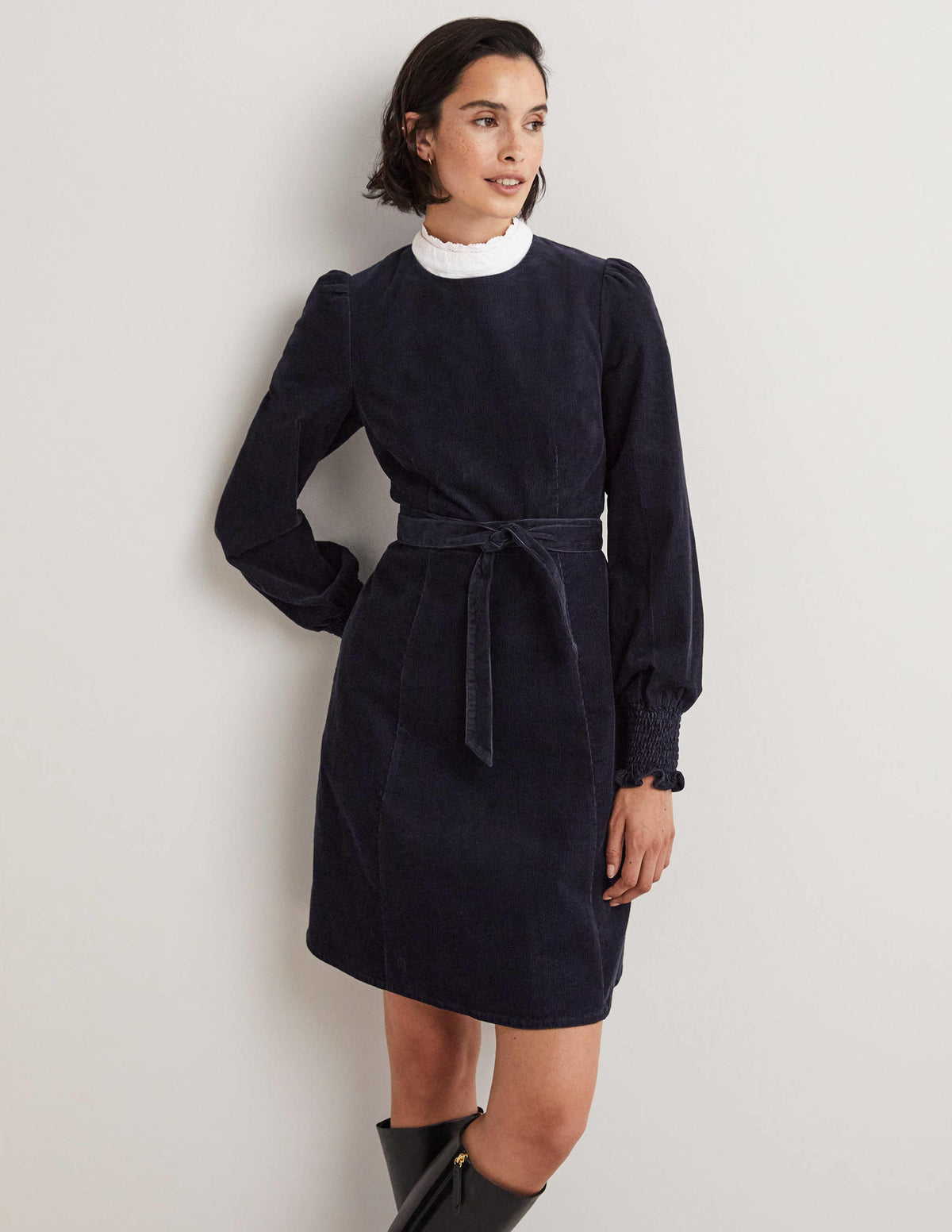 Smocked Cuff Corduroy Dress-Navy-1