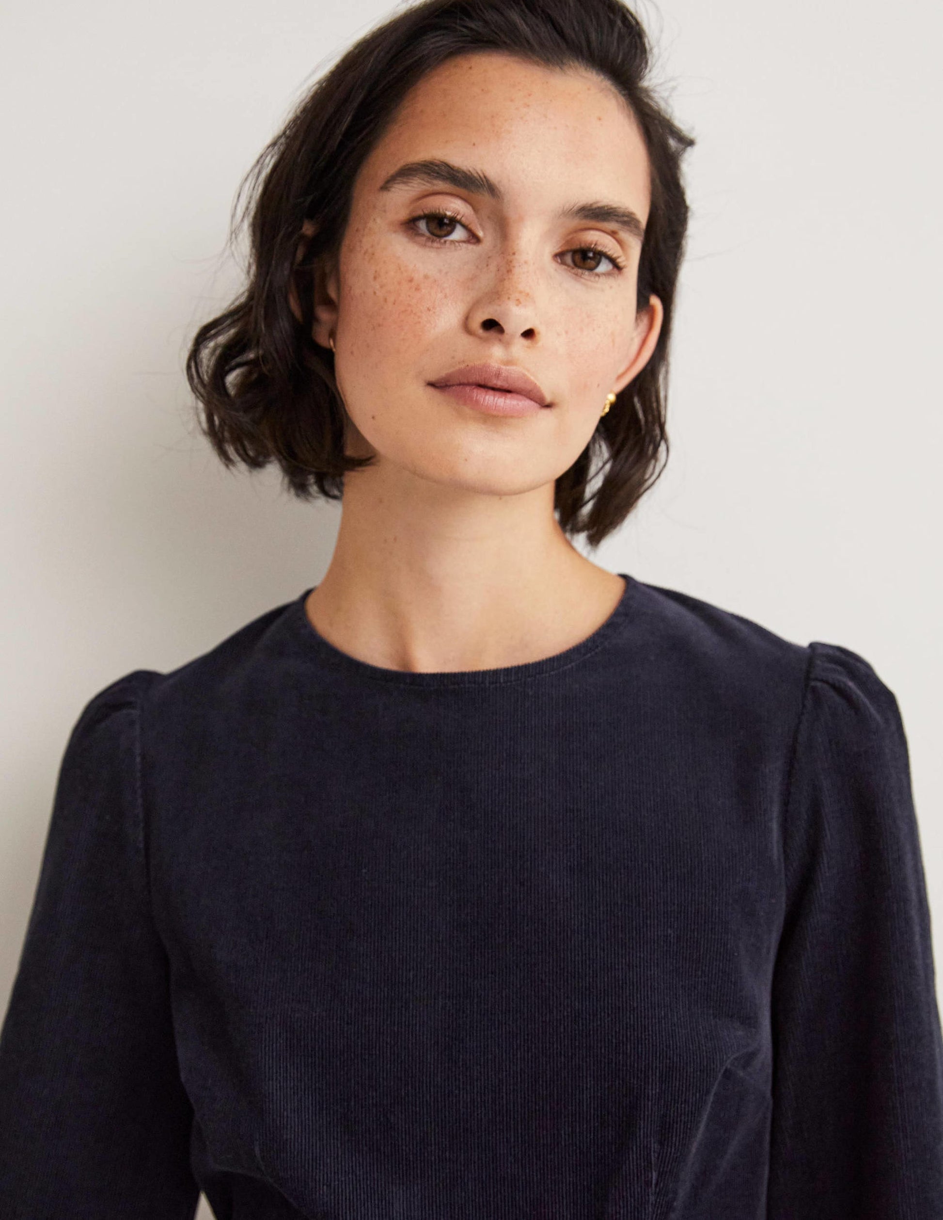 Smocked Cuff Corduroy Dress-Navy-2