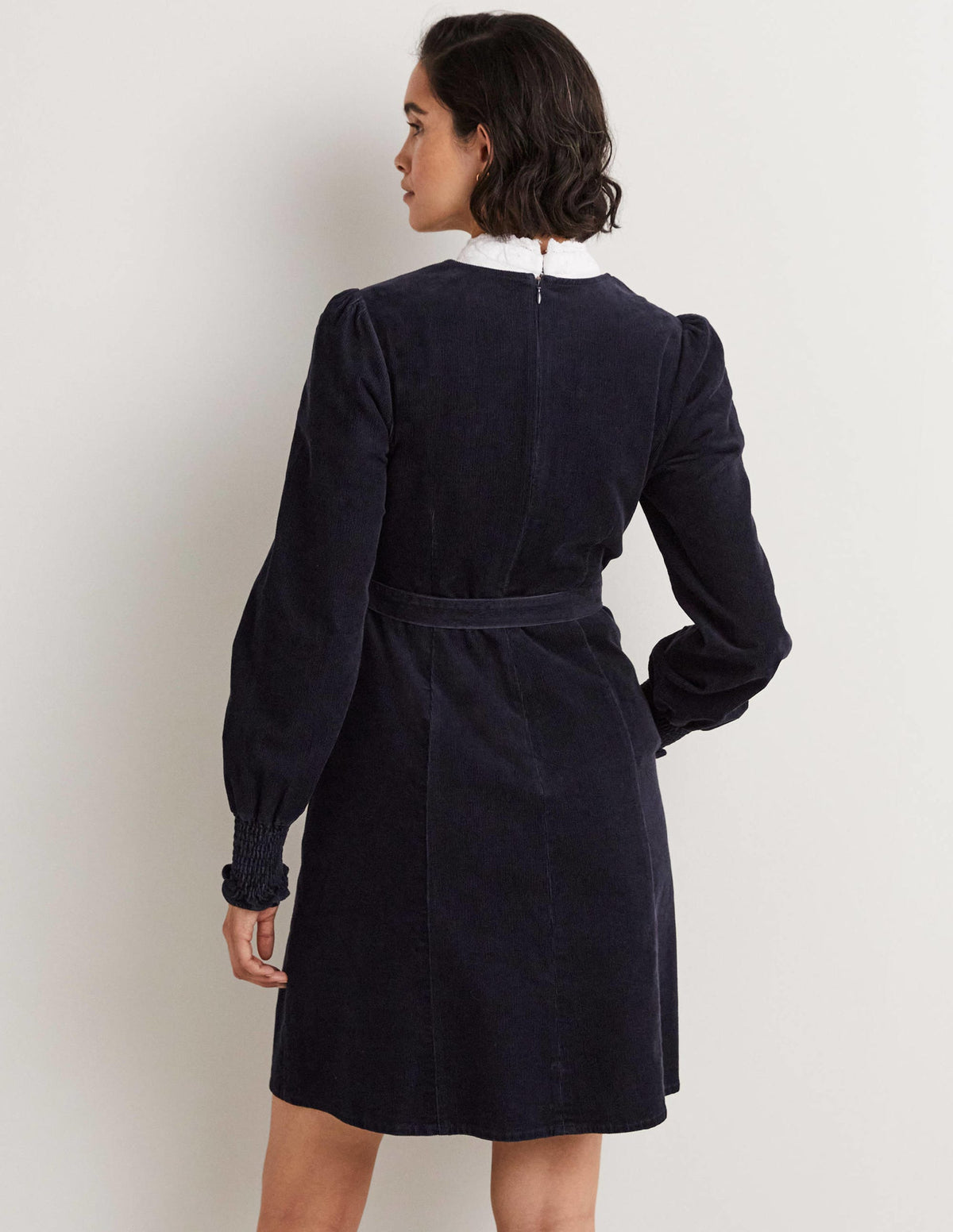 Smocked Cuff Corduroy Dress-Navy-3