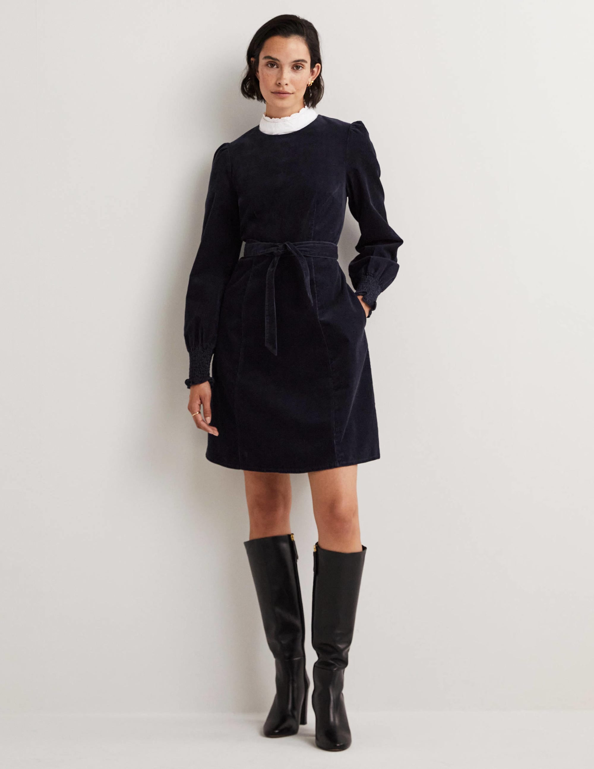 Smocked Cuff Corduroy Dress-Navy - Image 4