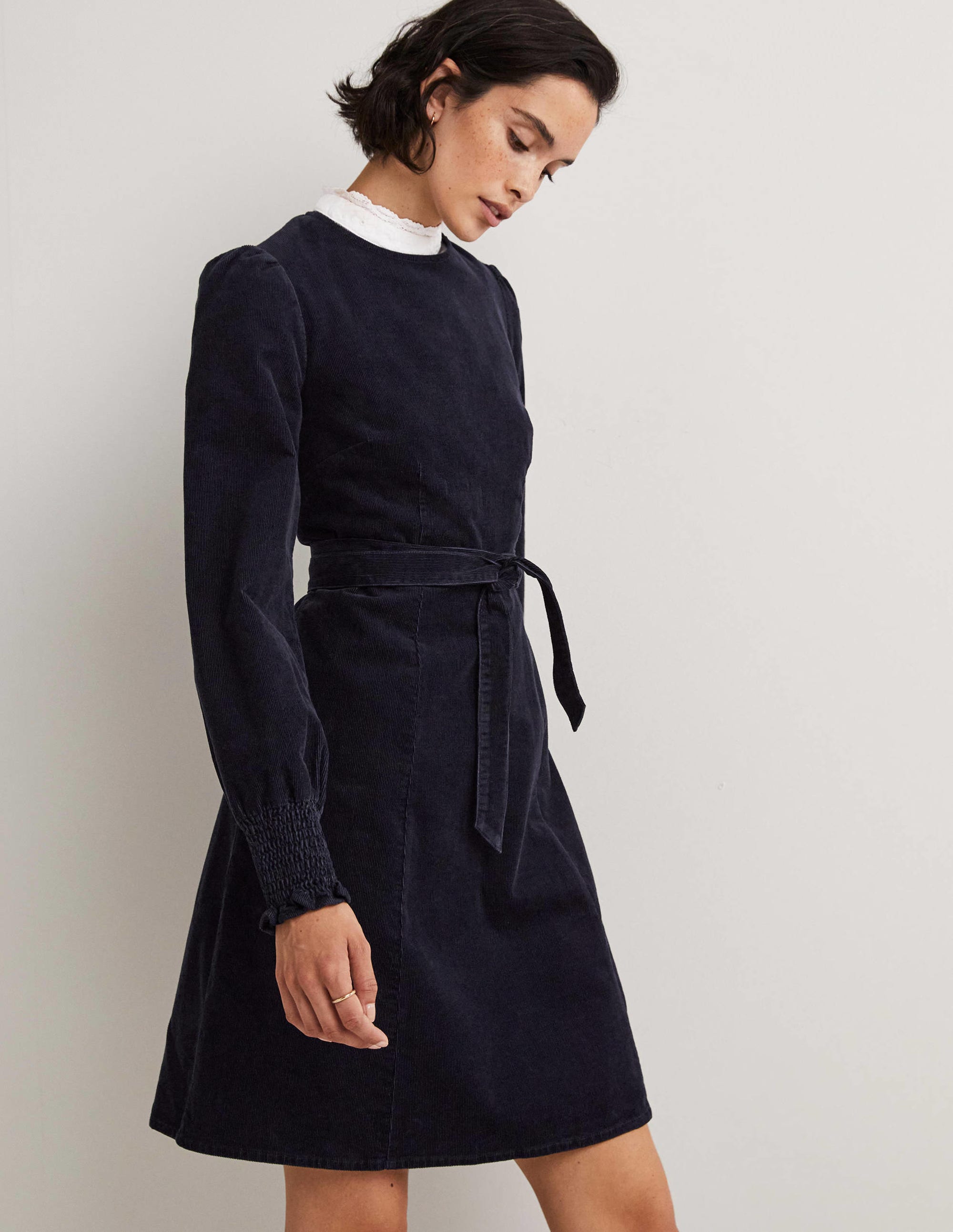 Smocked Cuff Corduroy Dress-Navy - Image 5