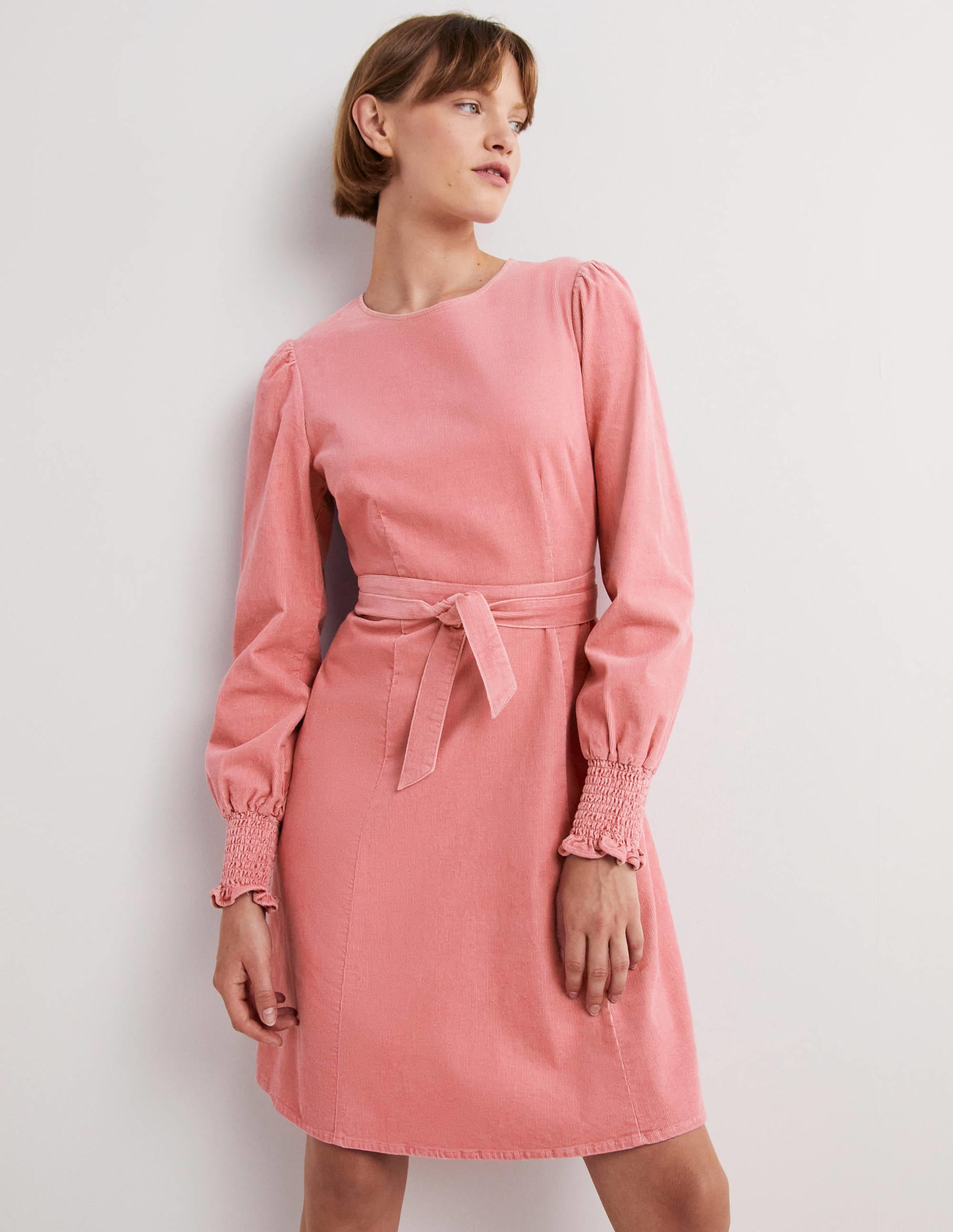 Smocked Cuff Corduroy Dress-Wild Rose - Image 1