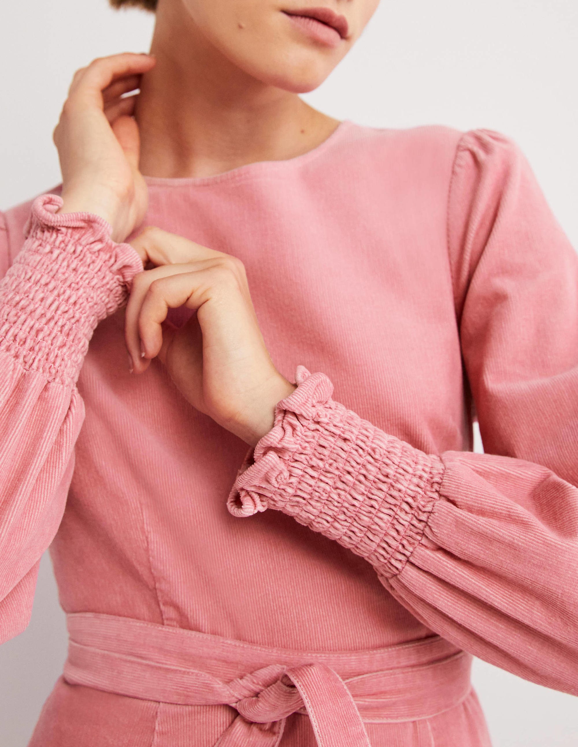 Smocked Cuff Corduroy Dress-Wild Rose - Image 2