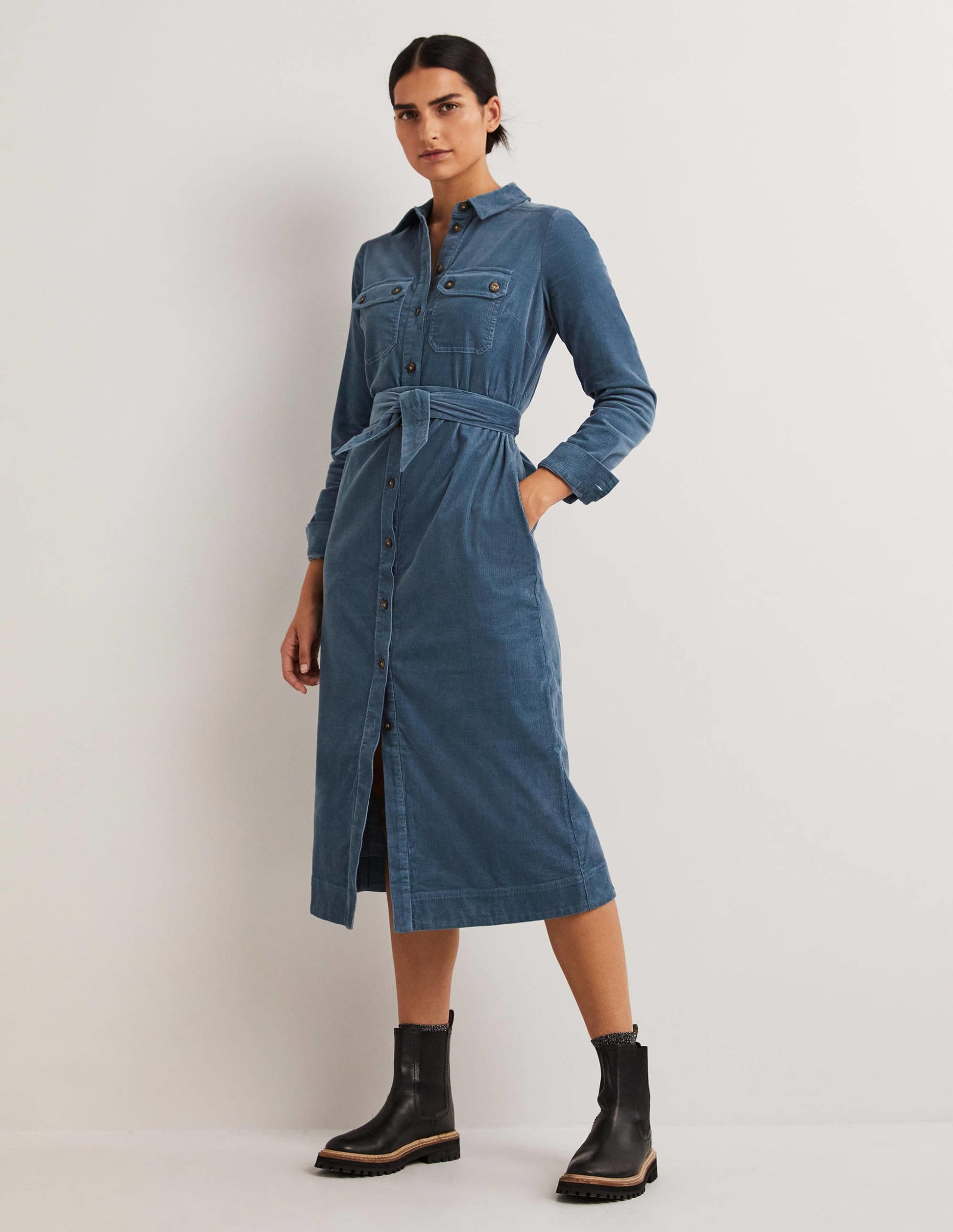 Corduroy Midi Shirt Dress-Mid Blue-1