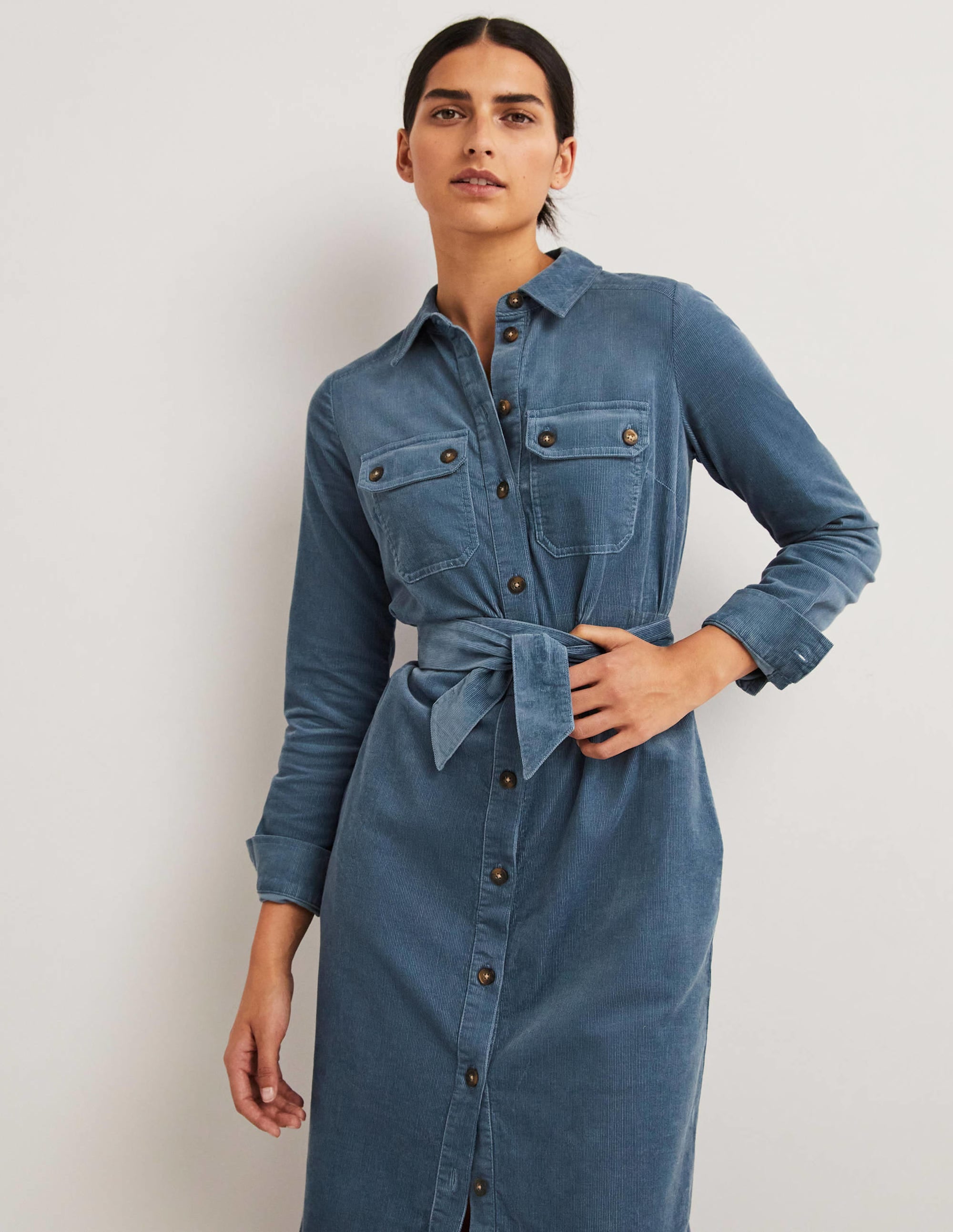 Corduroy Midi Shirt Dress-Mid Blue - Image 4