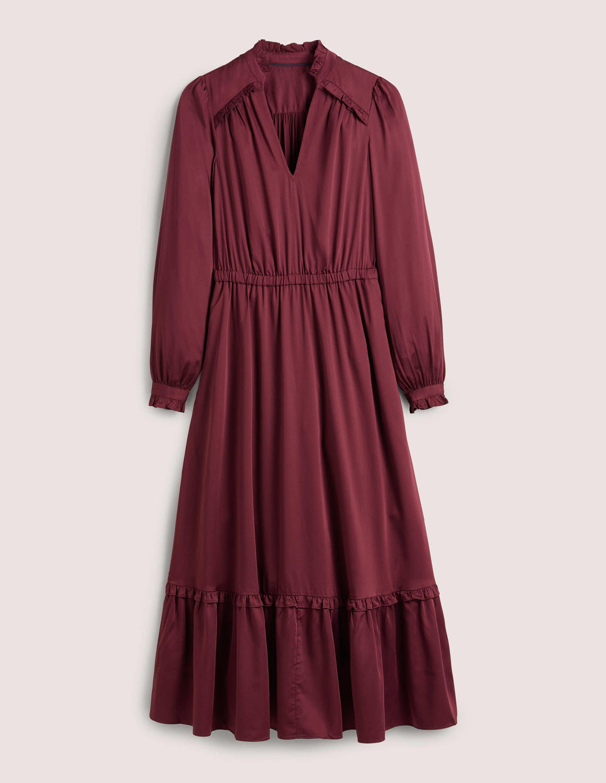 Pleat Detail Satin Midi Dress-Mulled Wine-7