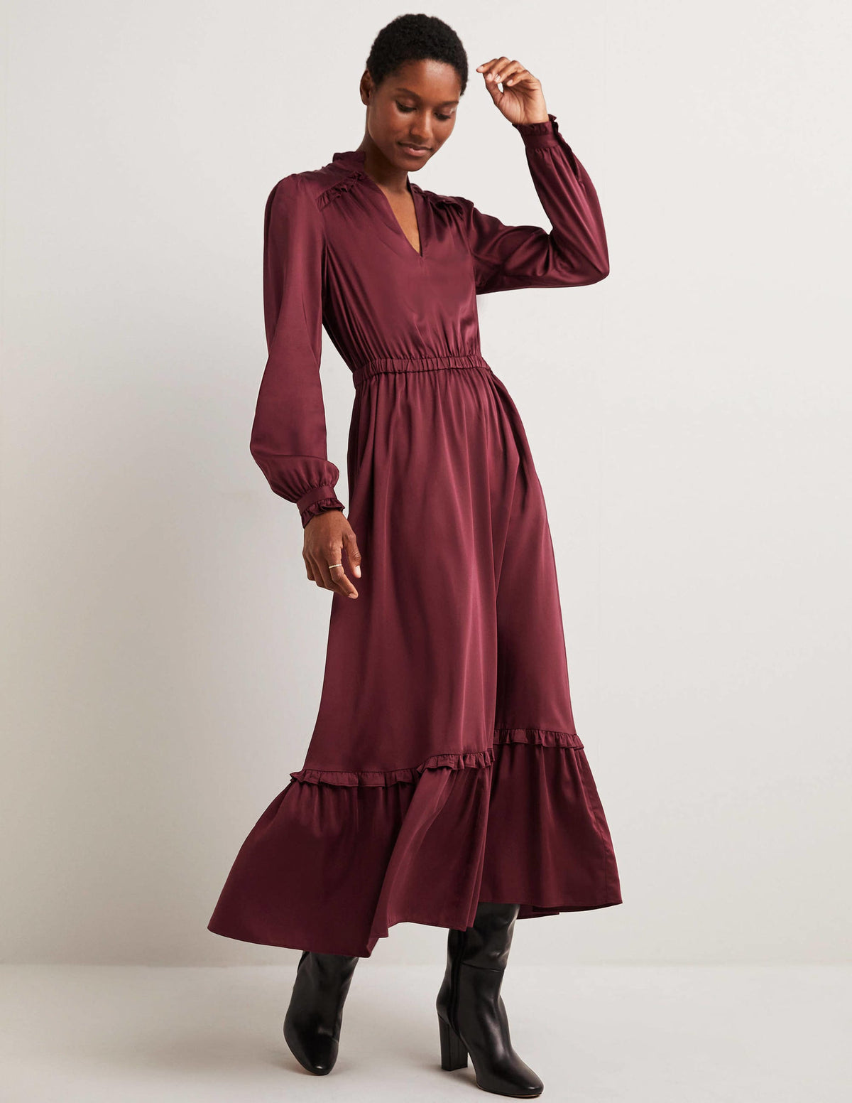Pleat Detail Satin Midi Dress-Mulled Wine-1
