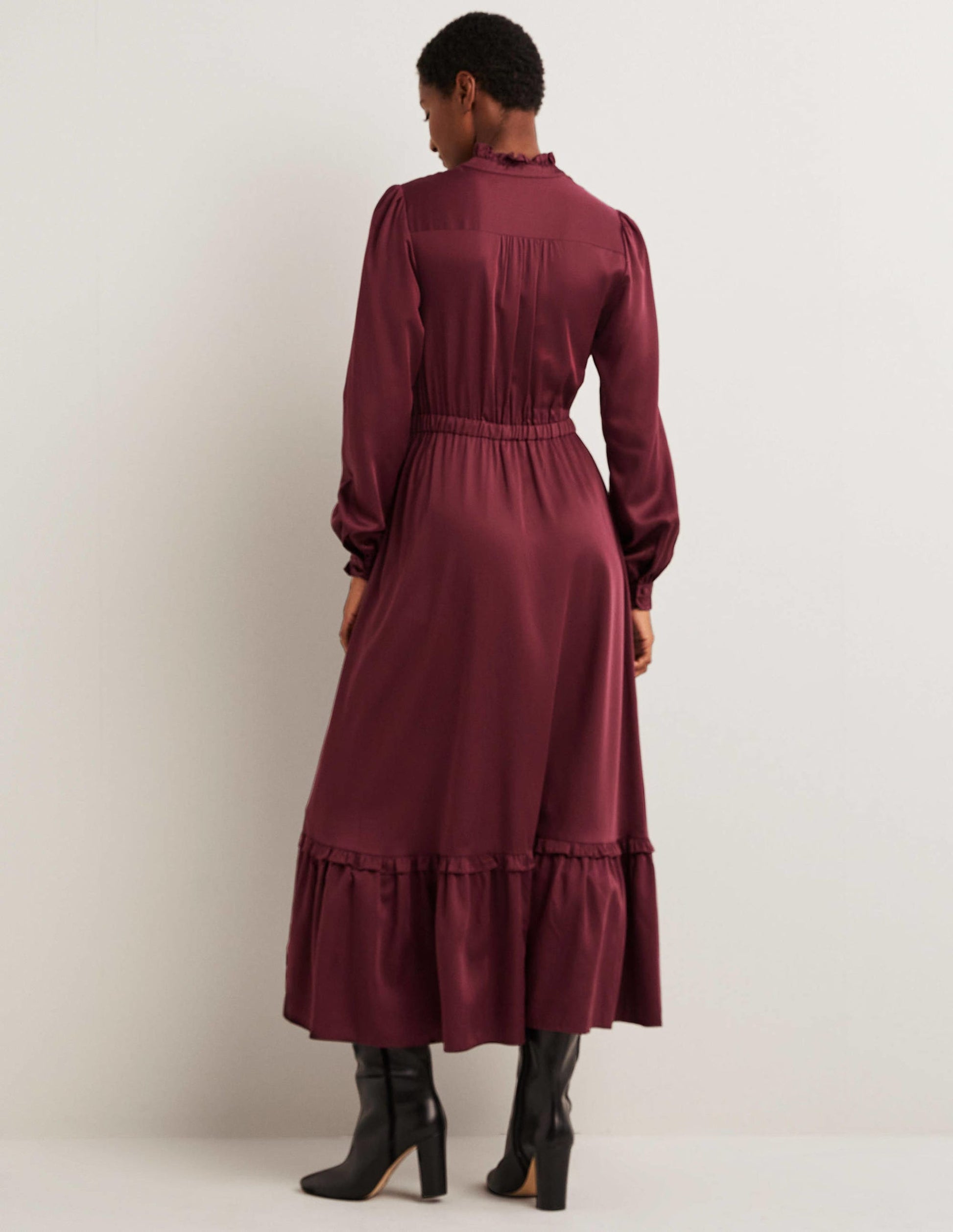 Pleat Detail Satin Midi Dress-Mulled Wine-3