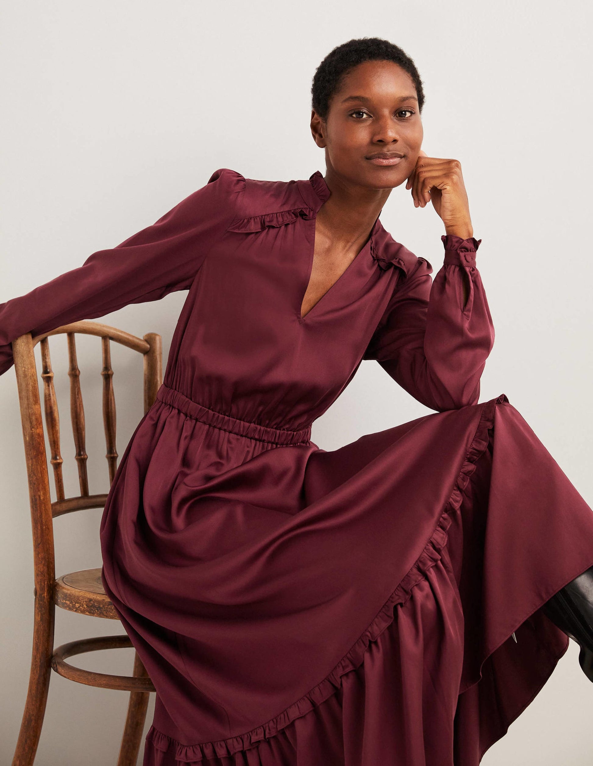 Pleat Detail Satin Midi Dress-Mulled Wine-4