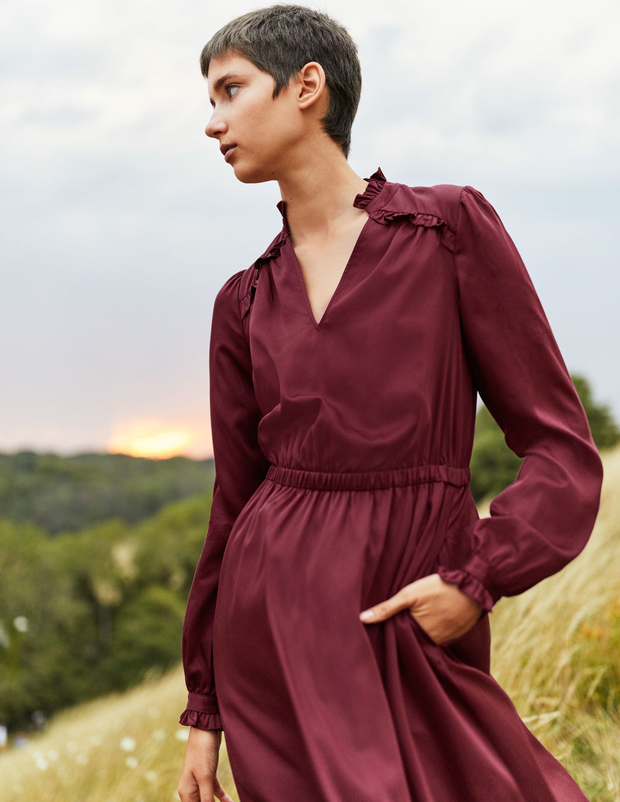 Pleat Detail Satin Midi Dress-Mulled Wine - Image 6