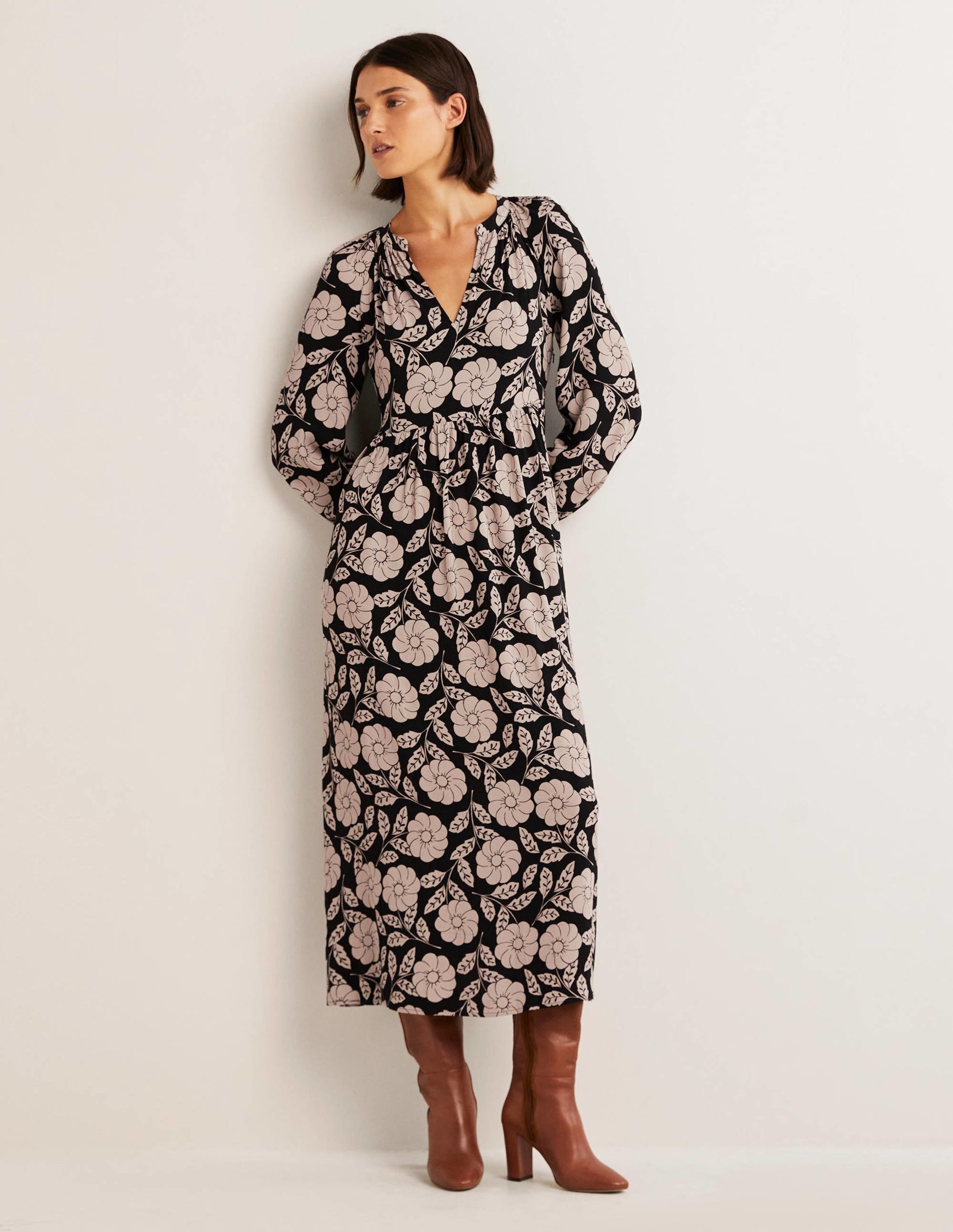 Printed Notch Neck Maxi Dress-Black, Botanica - Image 1