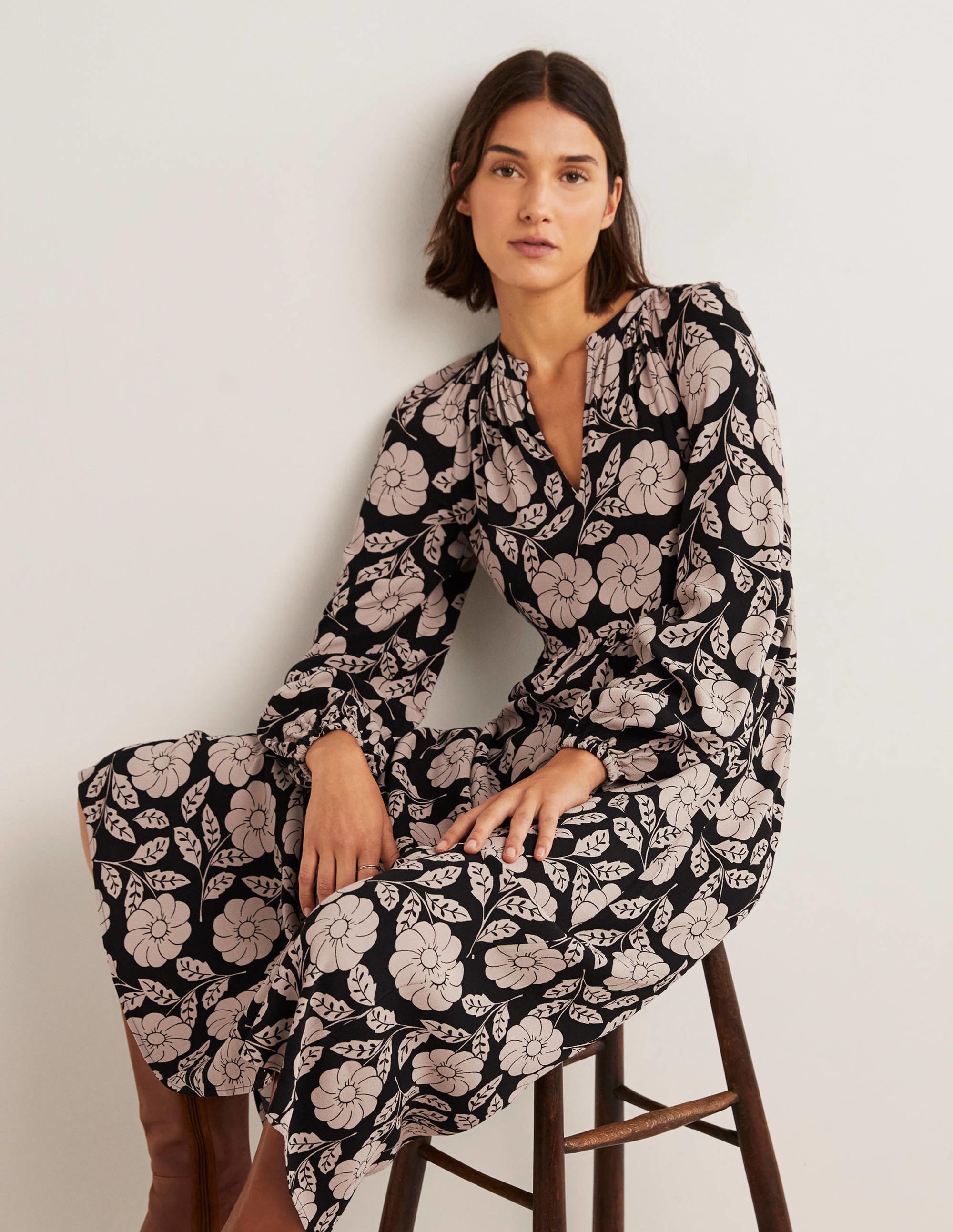 Printed Notch Neck Maxi Dress-Black, Botanica - Image 4