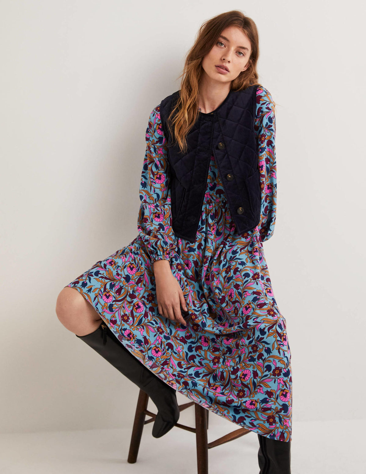 Printed Notch Neck Maxi Dress-Mid Blue, Enchanting Vine - Image 1