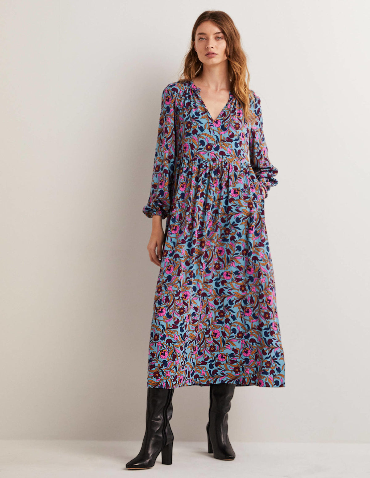 Printed Notch Neck Maxi Dress-Mid Blue, Enchanting Vine-2